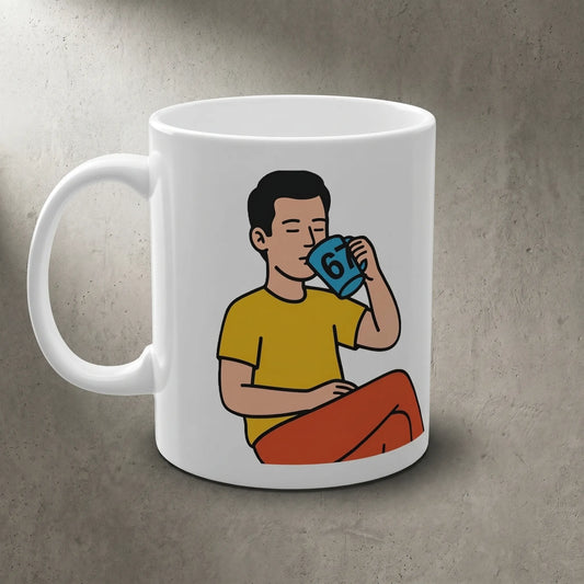 Side handle view of a glossy white ceramic mug featuring a Gen Alpha meme, a viral TikTok meme gift for mom and teachers tired of hearing 6 7.
