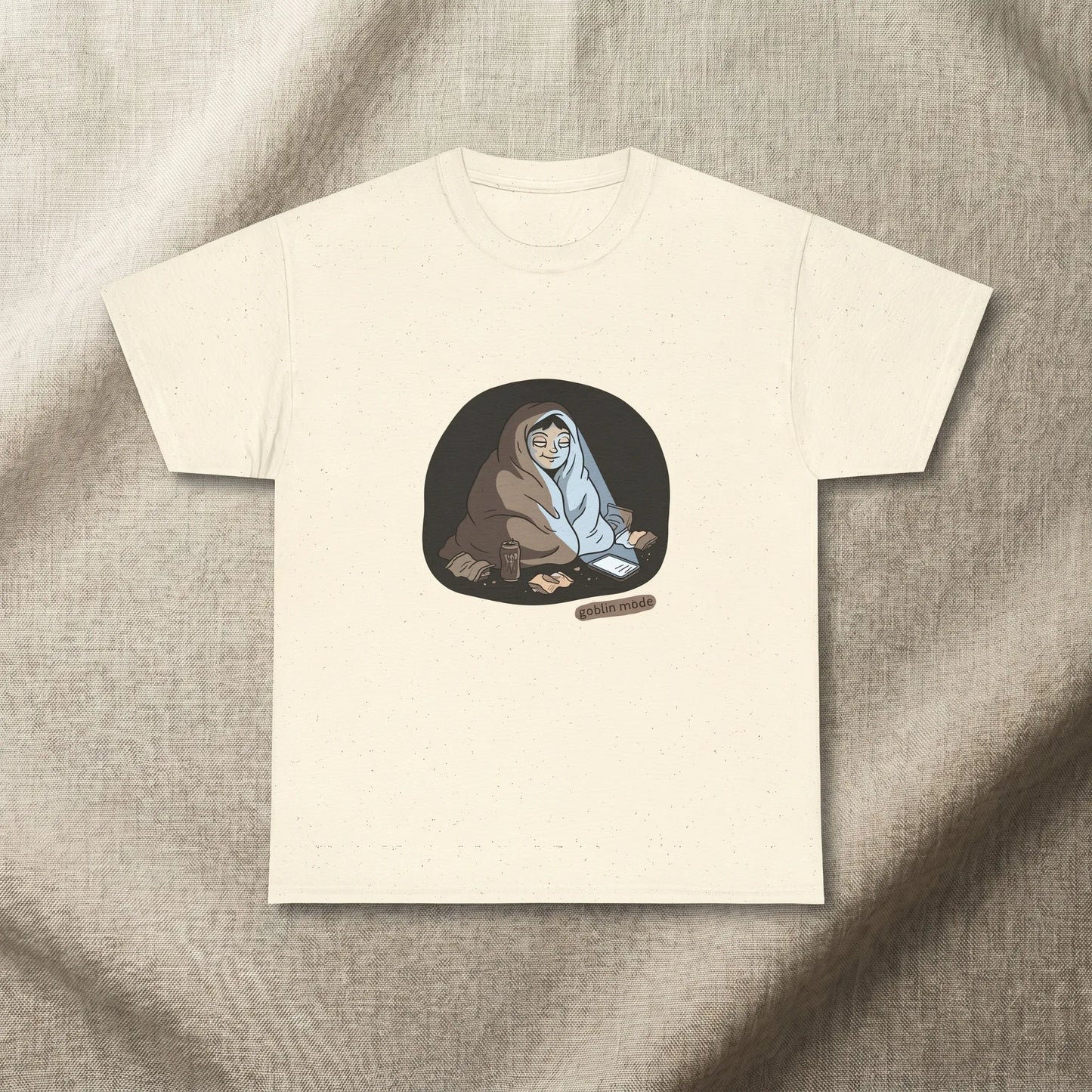 Front view of the Goblin Mode Tee, a funny burnout humor shirt and lazy day apparel featuring a cozy goblin meme design for anti-hustle and antiwork fans.
