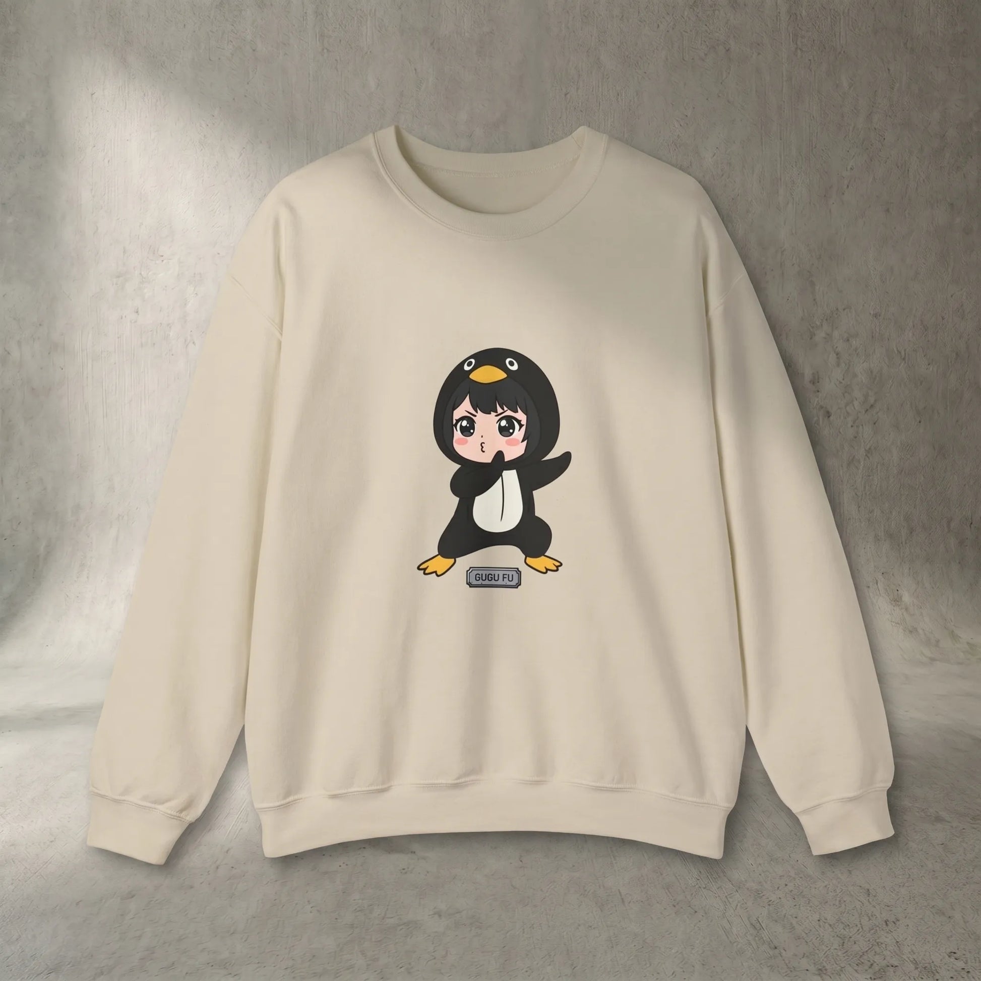 Front view of the GuguGaga Penguin Crewneck sweatshirt featuring a funny Kung Fu Penguinistrator chibi penguin meme, a viral Chinese penguin gift for gacha game fans.