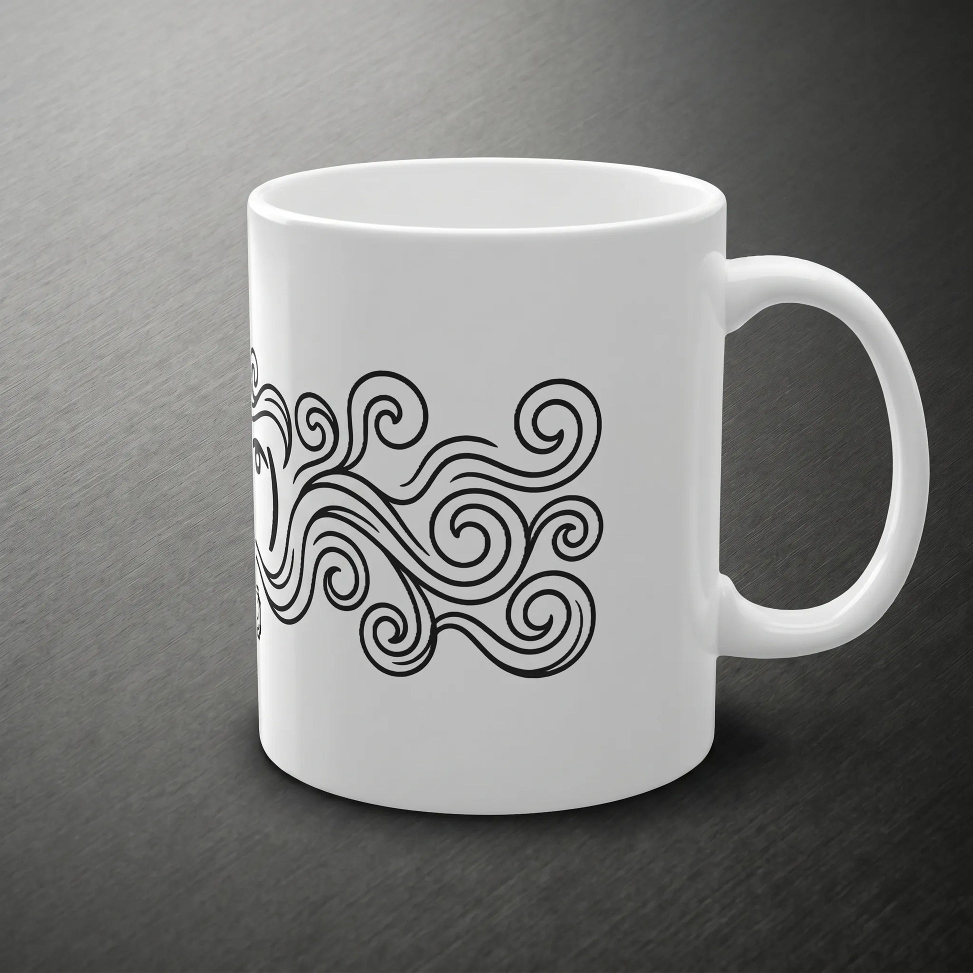 A side view of the classic C-handle on a glossy white ceramic lenny coffee mug, displaying a 2010s le lenny face emoji within steam lines above a chiseled-stone AT EASE plaque.