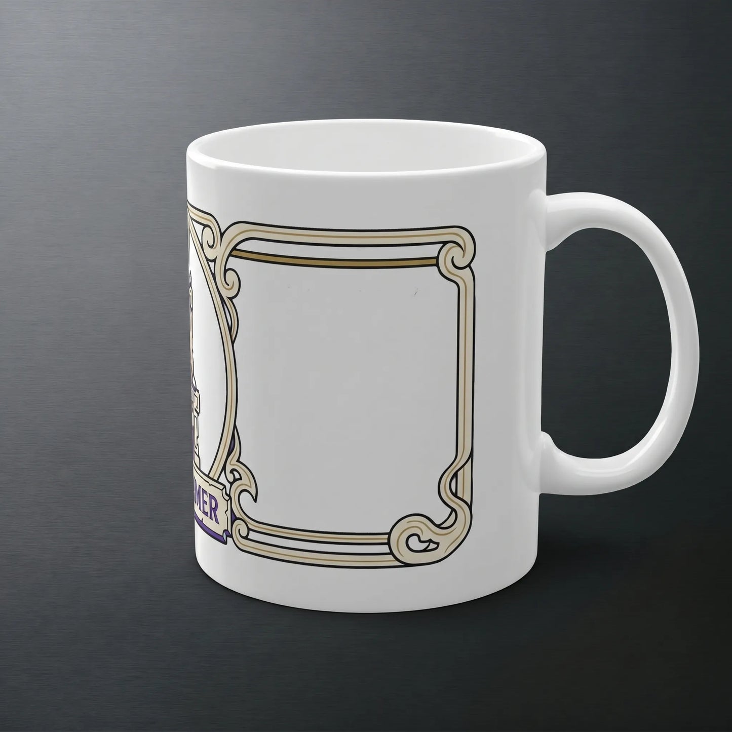Side view of an 11oz glossy white ceramic lenny coffee mug with a right-side C-handle, depicting the XV The Spammer tarot card for twitch chat meme fans and raise your dongers internet humor.