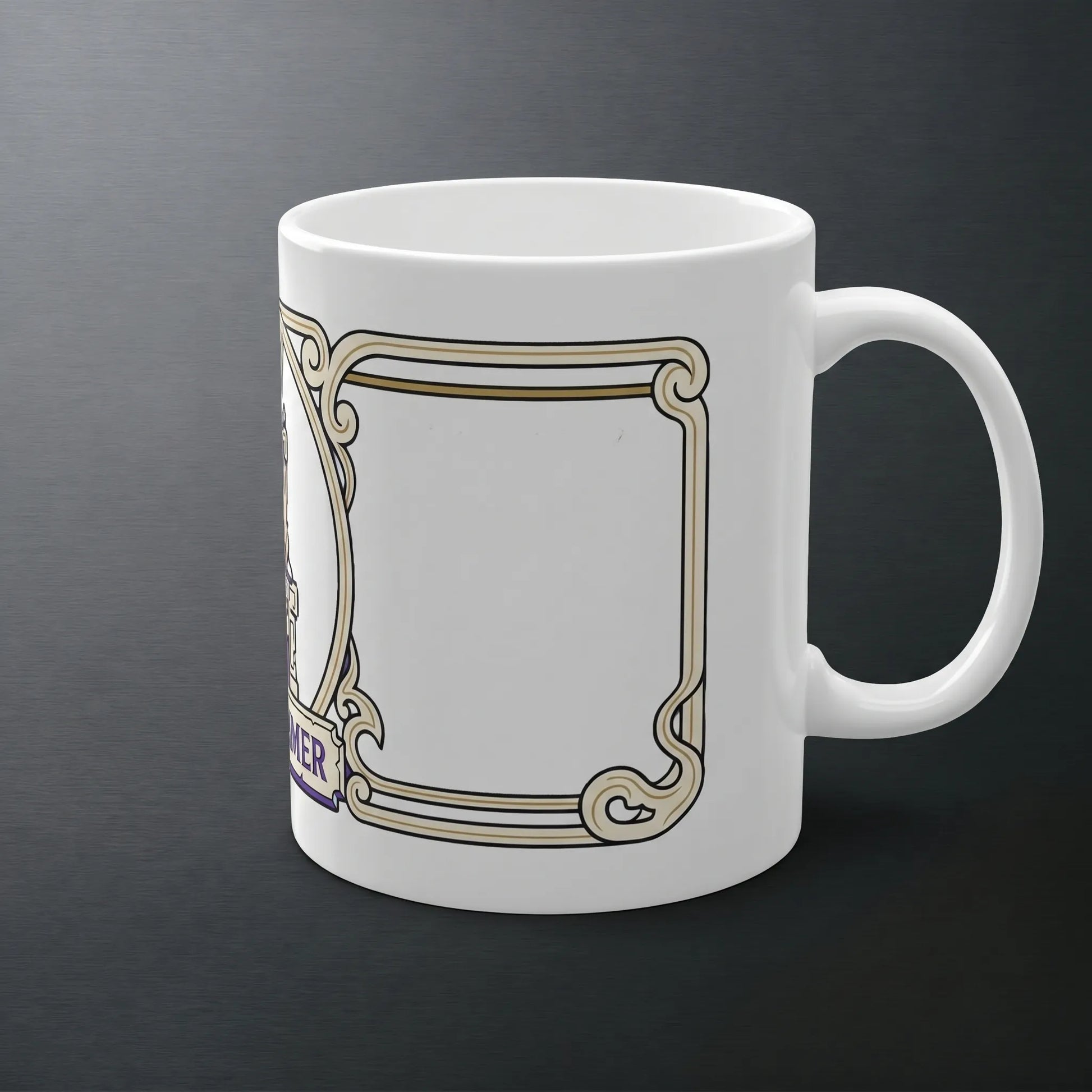 Side view of an 11oz glossy white ceramic lenny coffee mug with a right-side C-handle, depicting the XV The Spammer tarot card for twitch chat meme fans and raise your dongers internet humor.