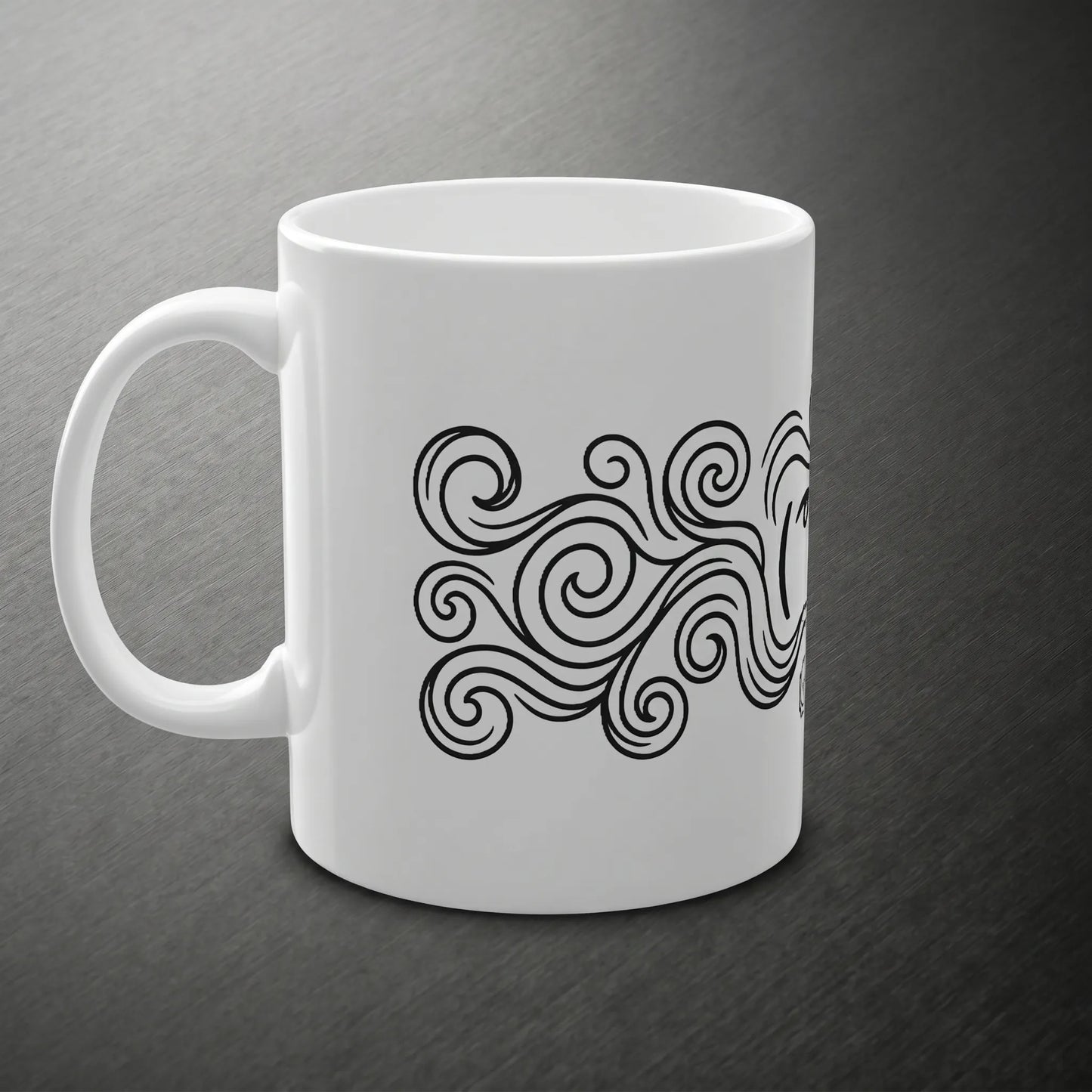 Side handle left view of a lenny face mug featuring a full wraparound steam-line illustration and donger meme, making it a perfect discord moderator gift or internet humor coworker gift.