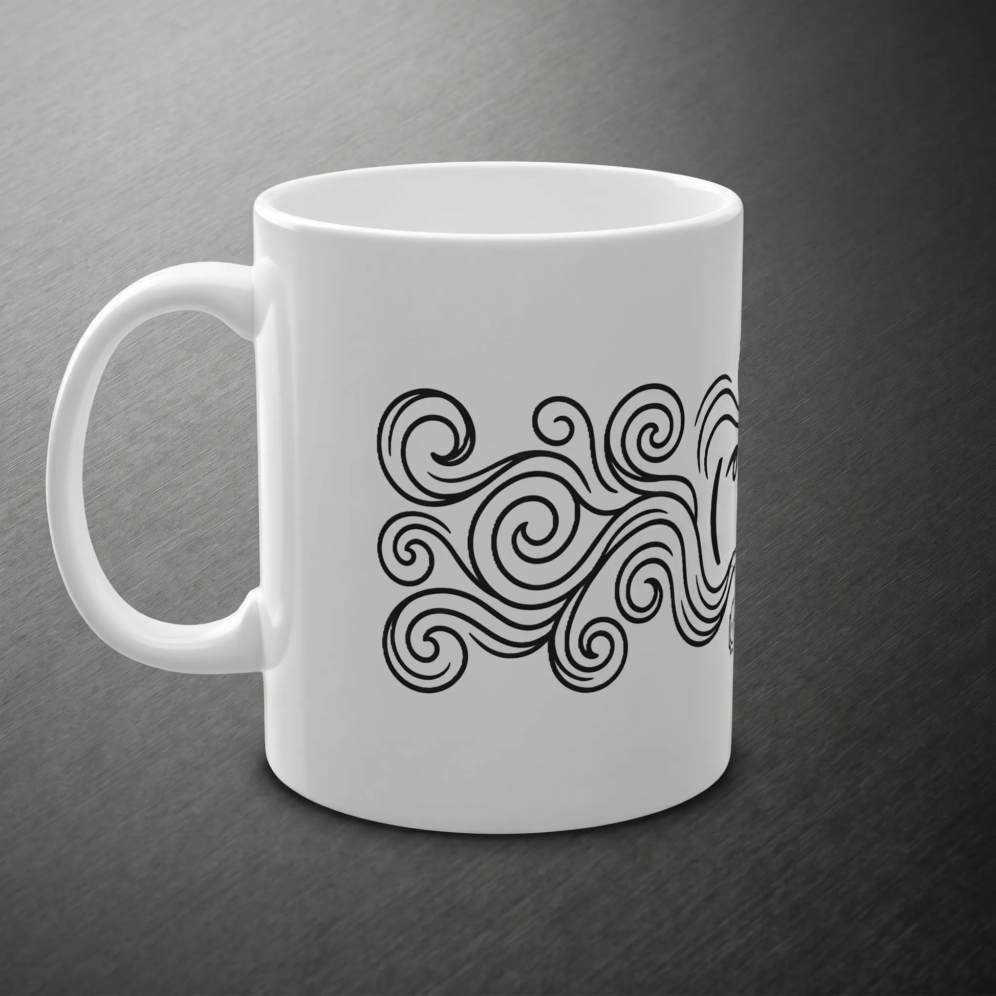 Side handle left view of a lenny face mug featuring a full wraparound steam-line illustration and donger meme, making it a perfect discord moderator gift or internet humor coworker gift.