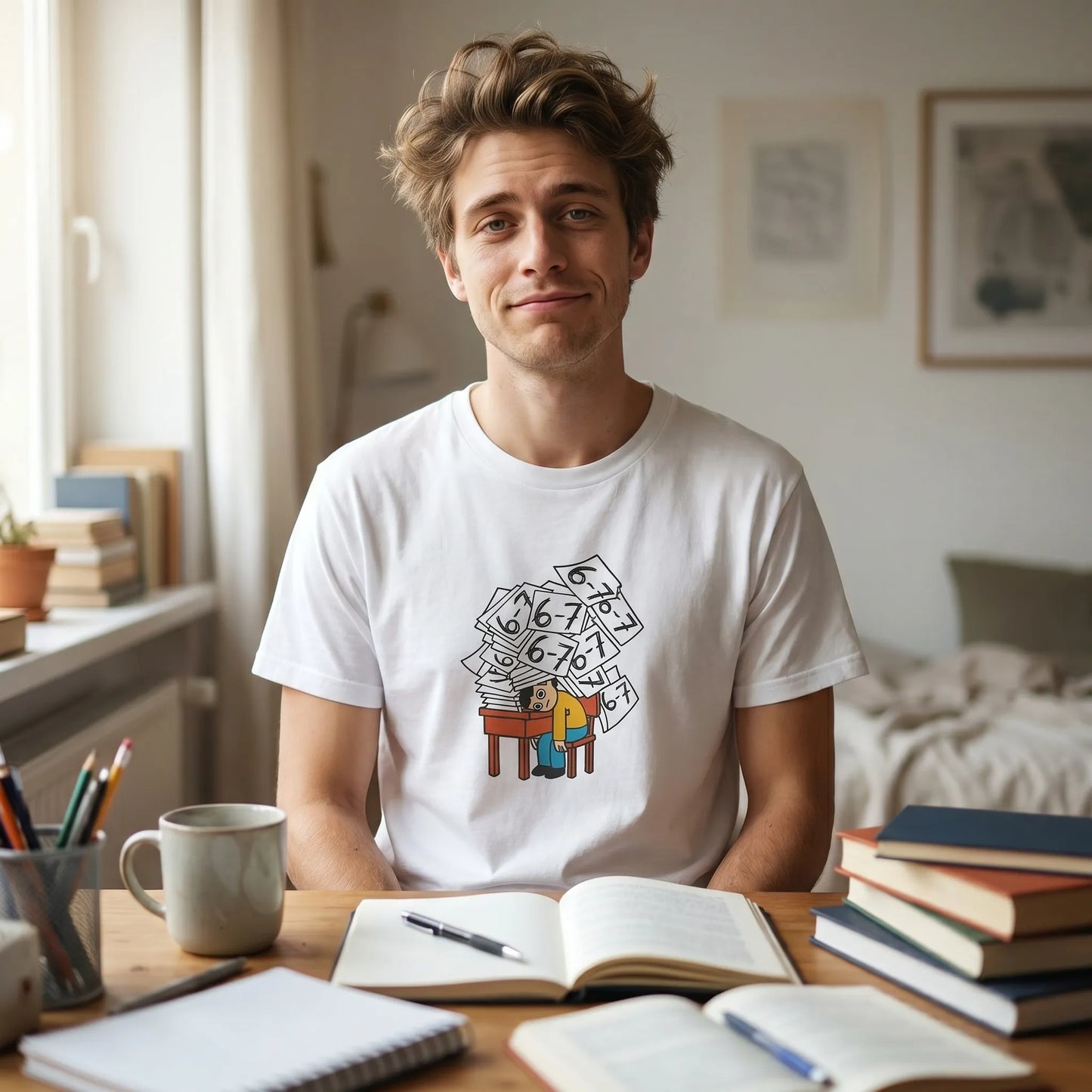 Lifestyle shot of a model wearing a soft-hand DTG print 67 meme tee, a funny exhausted teacher gift and viral TikTok meme referencing the Dictionary.com word of the year 2025.