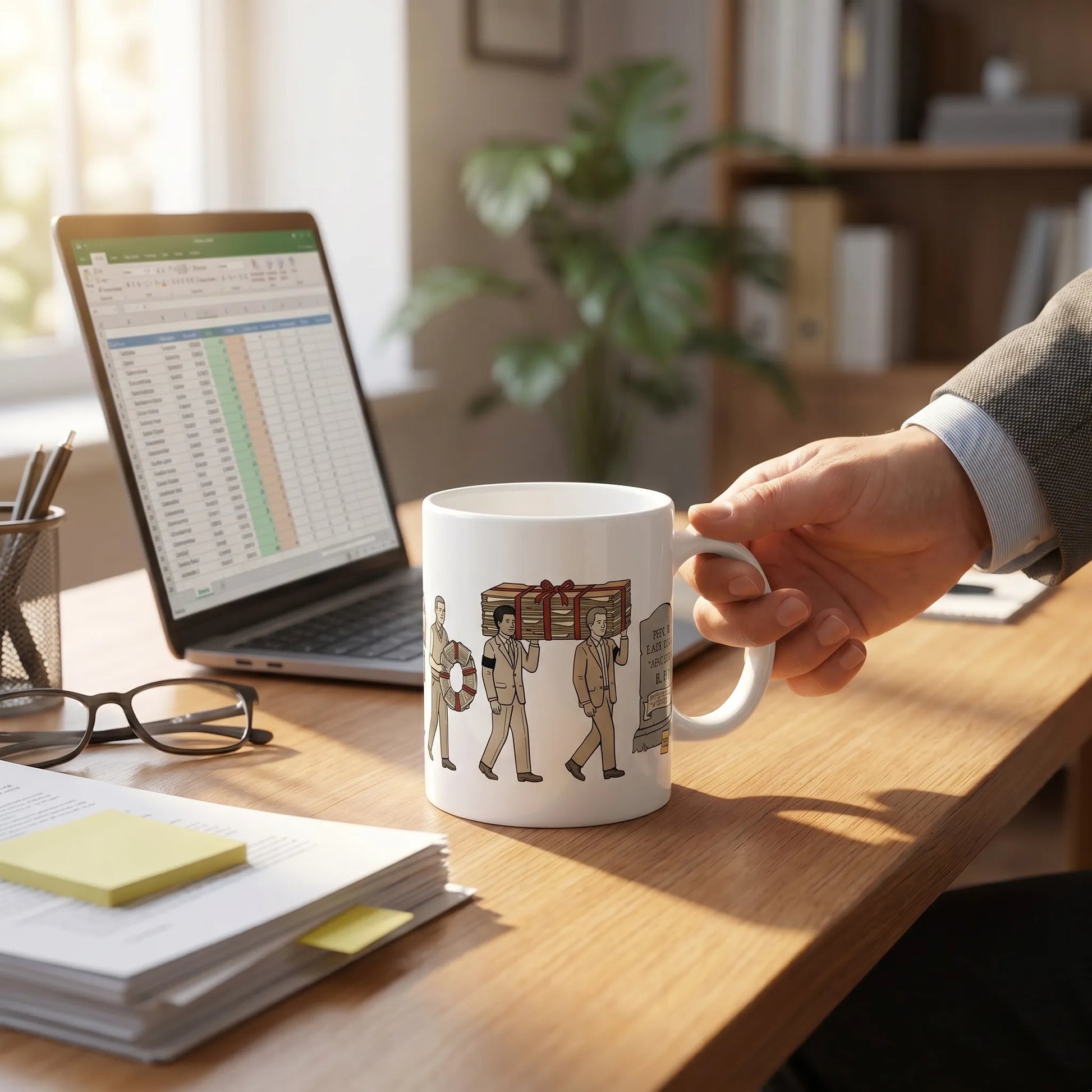Lifestyle photo of a corporate NPC mourning mug featuring a funeral procession with a manila folder coffin and RIP tombstone, dishwasher-safe ceramic.