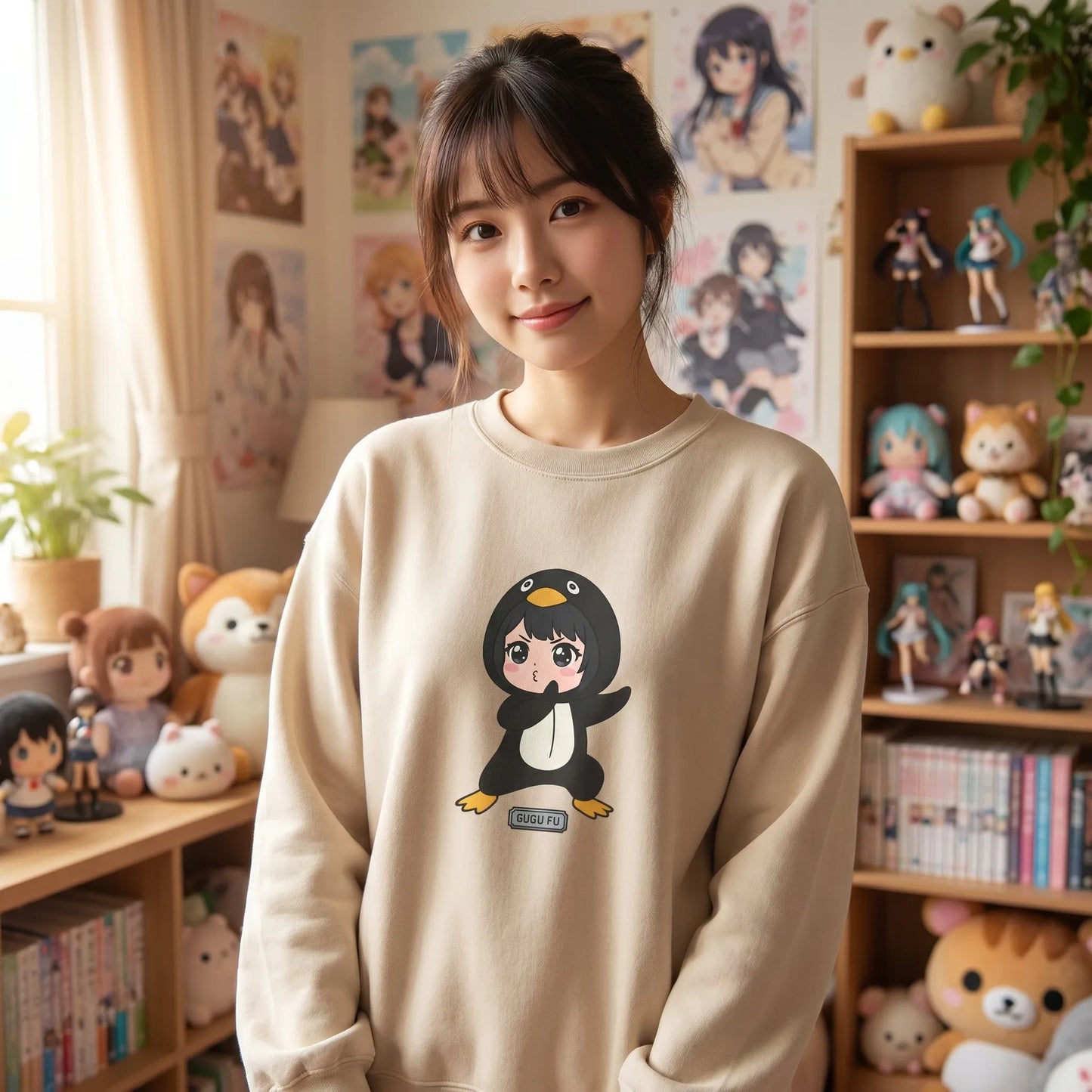 A lifestyle shot of the funny GuguGaga Penguin crewneck featuring the Kung Fu Penguinistrator crane stance meme from Bilibili, Douyin, and TikTok, with high-quality soft-hand print and brushed interior fleece.