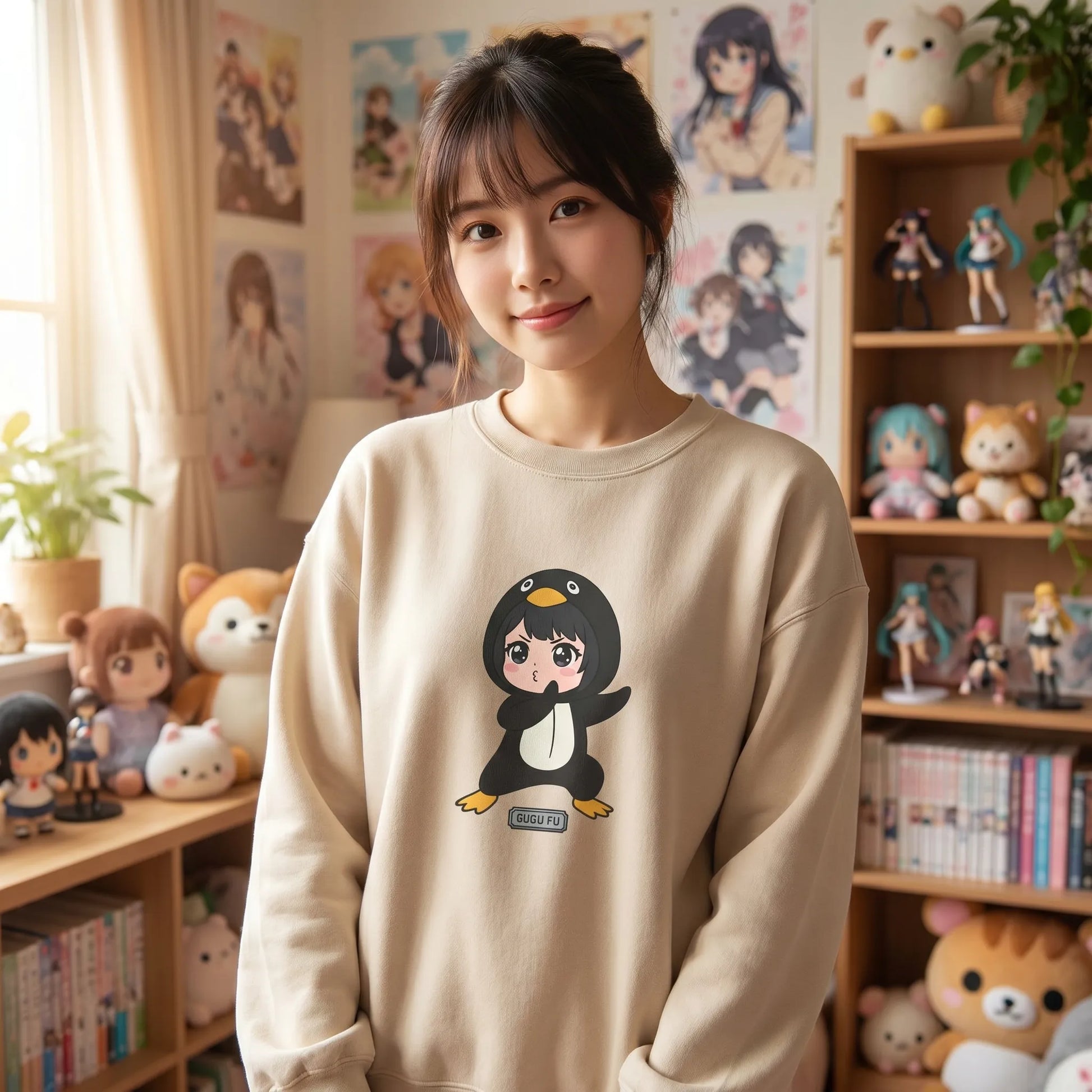 A lifestyle shot of the funny GuguGaga Penguin crewneck featuring the Kung Fu Penguinistrator crane stance meme from Bilibili, Douyin, and TikTok, with high-quality soft-hand print and brushed interior fleece.