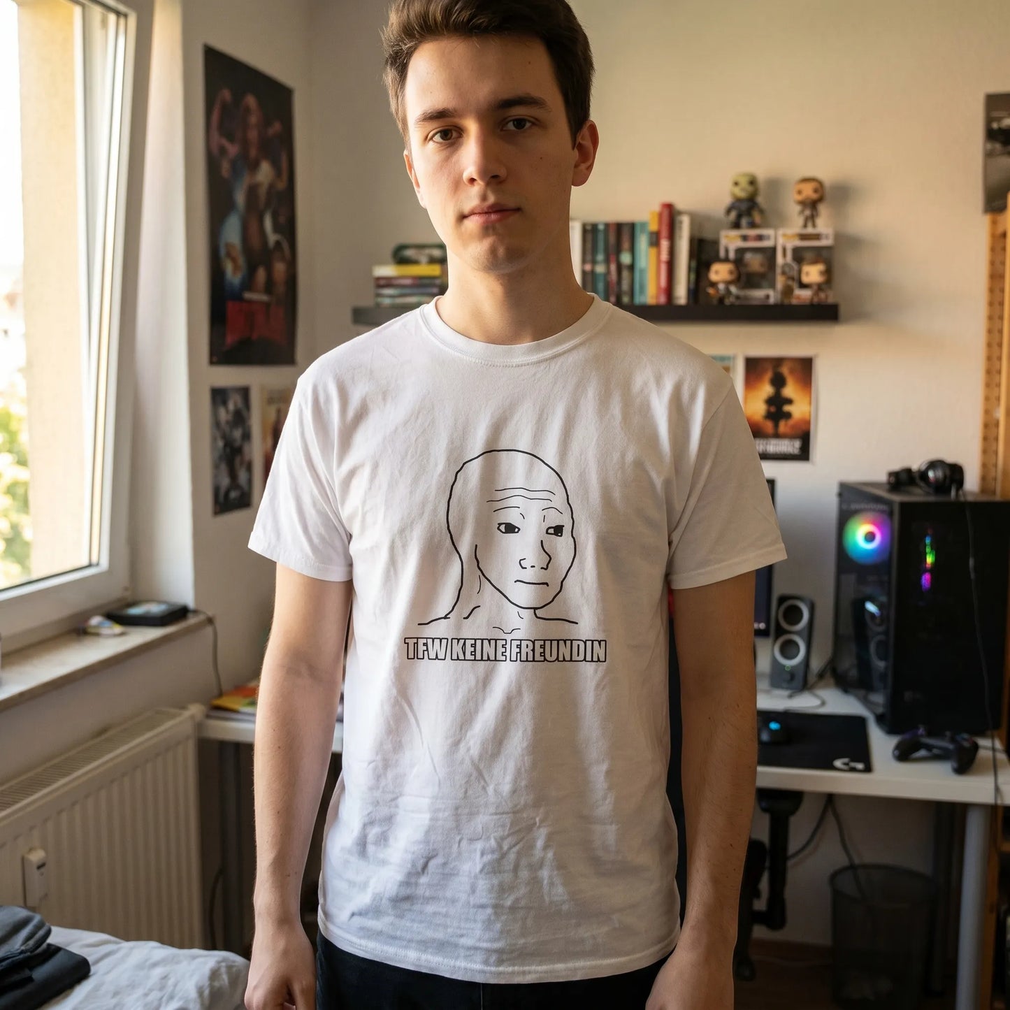 Lifestyle shot of a person wearing the funny tfw no gf German meme tee, featuring a soft-hand DTG print-on-demand design with express 2 day delivery.