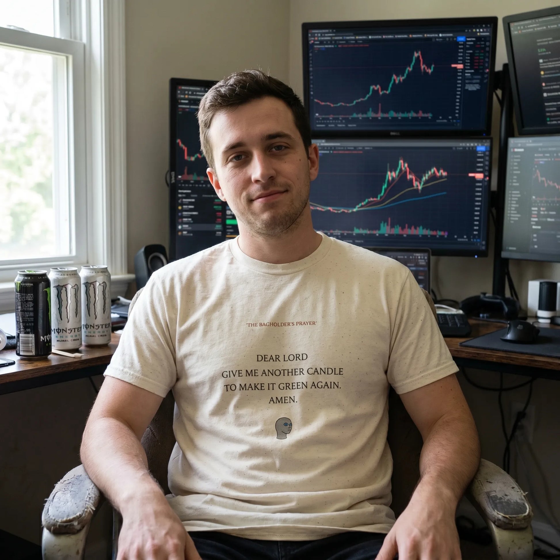 A lifestyle shot of a person wearing a heavyweight 100% cotton unisex tee featuring wallstreetbets vernacular and a head silhouette, a funny office gift that might get you banned from the family group chat for giving stock tips.