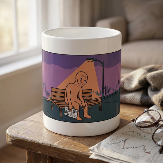 Lifestyle shot of a microwave-safe and dishwasher-safe ceramic mug featuring a print-on-demand dye-sublimation crypto winter wojak on a parking-lot bench against a peach-lit horizon, a funny gift for someone who lost money.