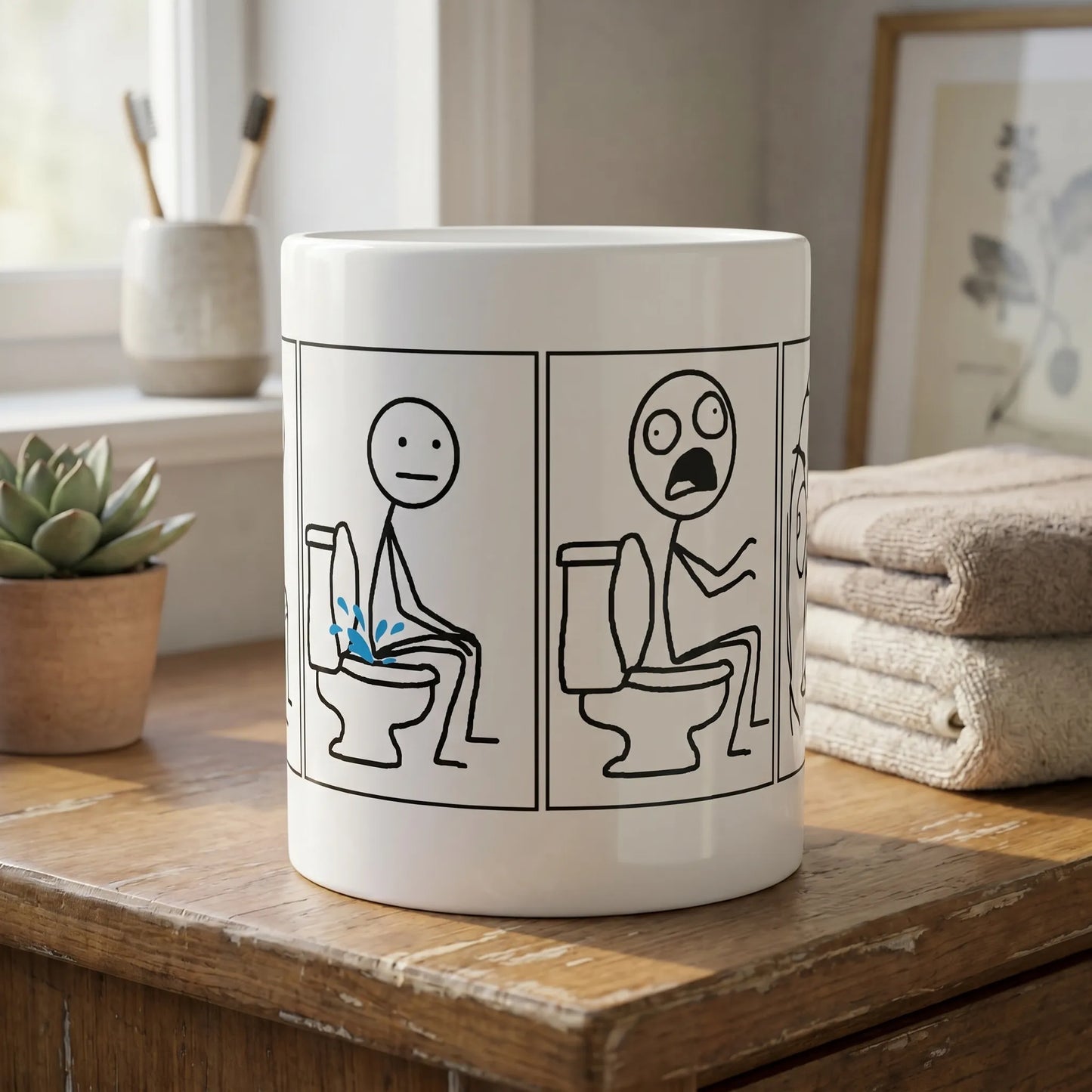 Lifestyle view of a coworker mid-sip using the Rage Guy mug, a print-on-demand made-to-order gift featuring the 2008 4chan 4-panel rage comic that ships worldwide.