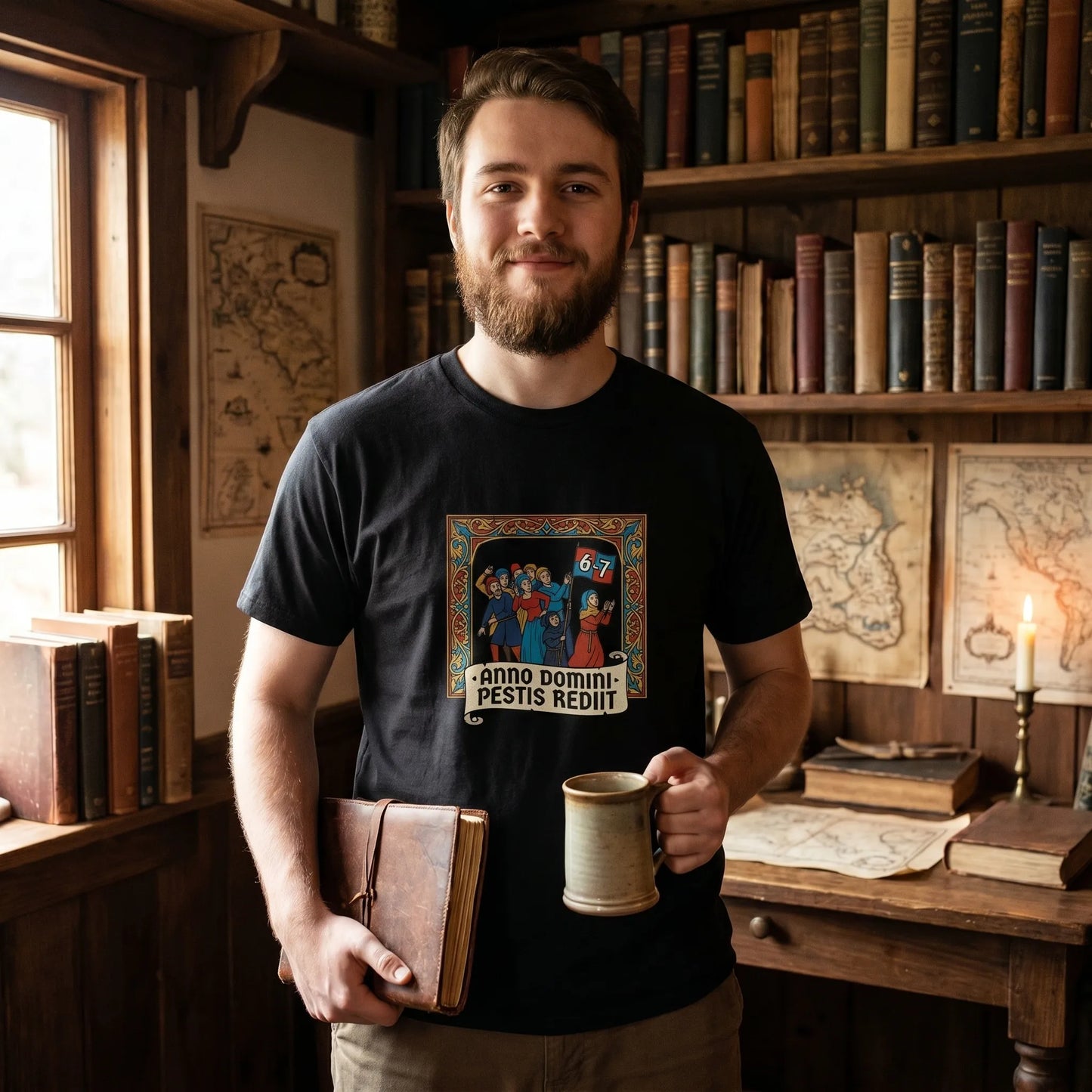 Lifestyle photo of a model wearing the Six Seven Meme Tee featuring a faux-Latin plague scene with medieval villagers recoiling, a unique and ironic Gen Z meme gift for those asking what does 6 7 mean.