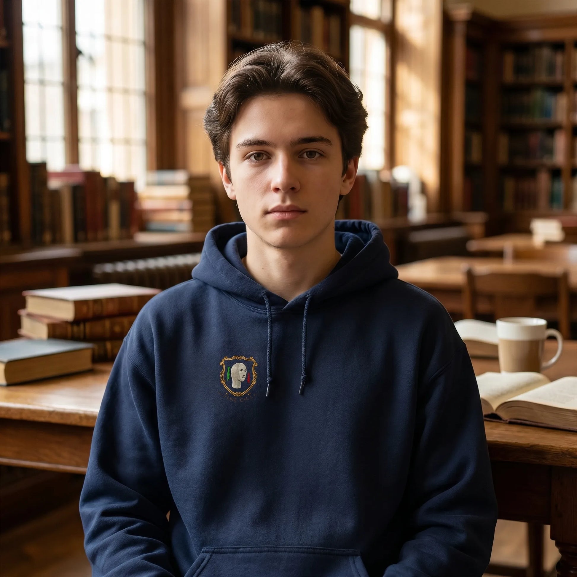 Lifestyle photo of a person wearing a unisex Down Bad Since 2017 Hoodie, a fleece hoodie featuring the panik kalm and Special Meme Fresh heraldic crest.