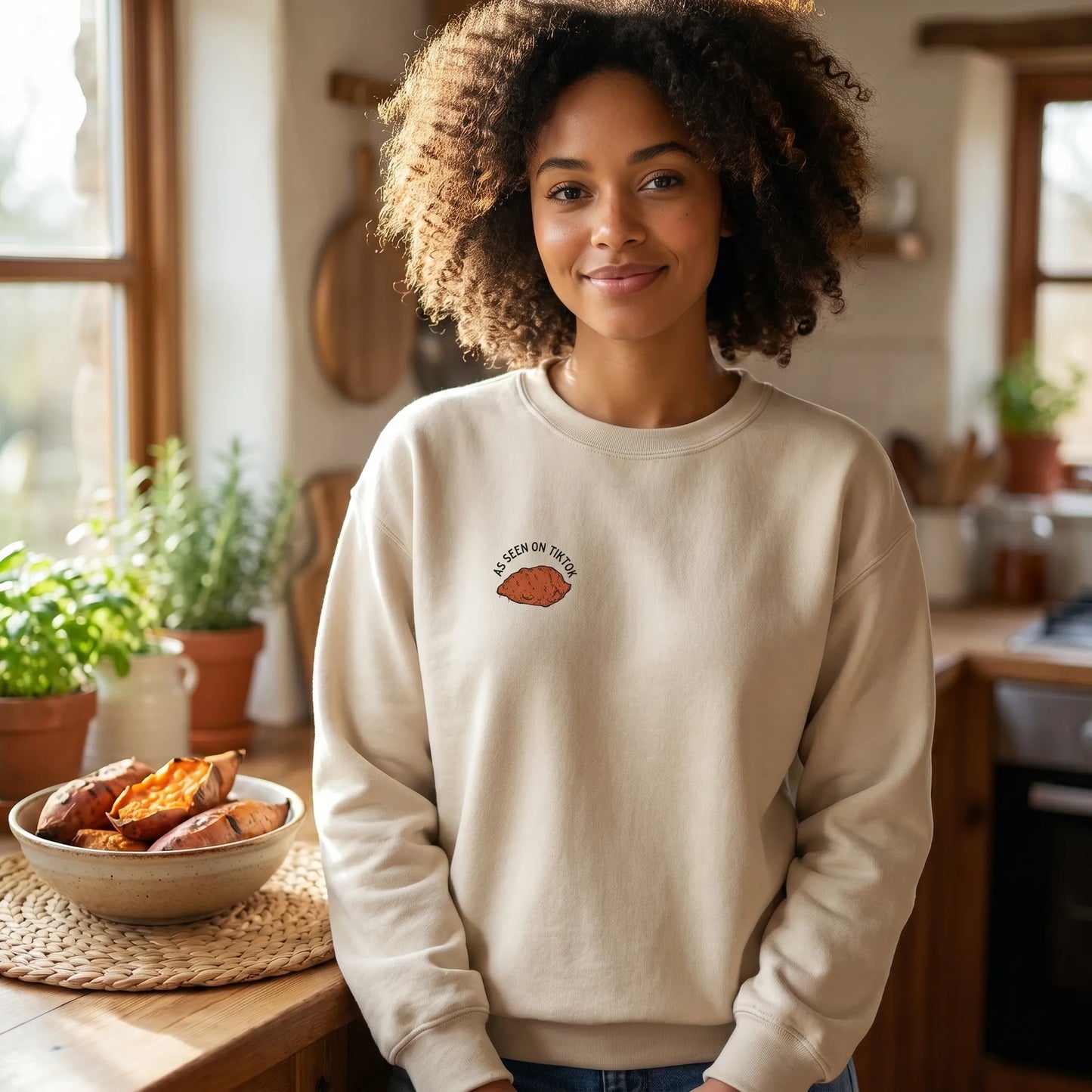 Lifestyle shot of a model wearing a unisex Socrates yams time travel sweatshirt made of cotton-poly fleece with the instructional panels design.
