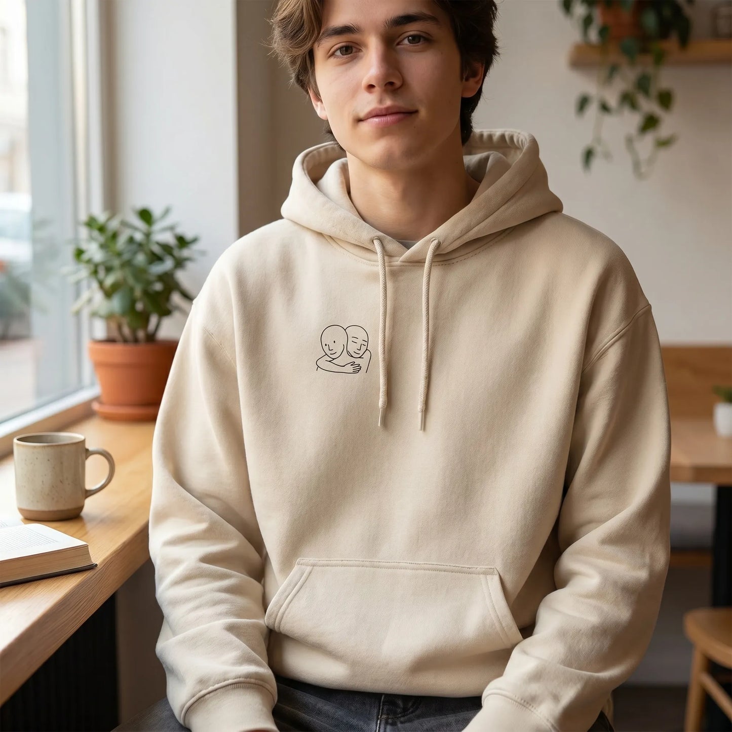 Lifestyle photo of a person in a heavy-blend cotton wagmi meme hoodie with a two-wojak silhouette pocket-mark, making it a unique feels guy meme gift idea or wojak meme gift for him.
