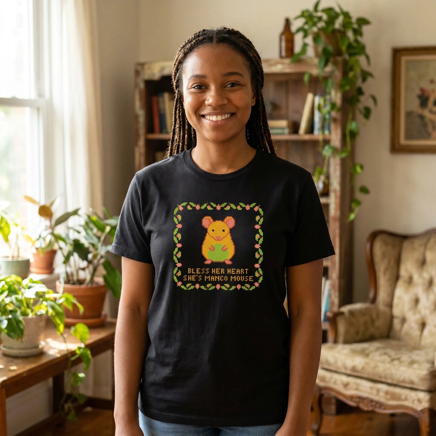 A lifestyle shot featuring the Mangomouse 4 Life heavyweight cotton tee, a funny non mangomouse polyamory gift for friends that highlights mango mouse polyamory humor.