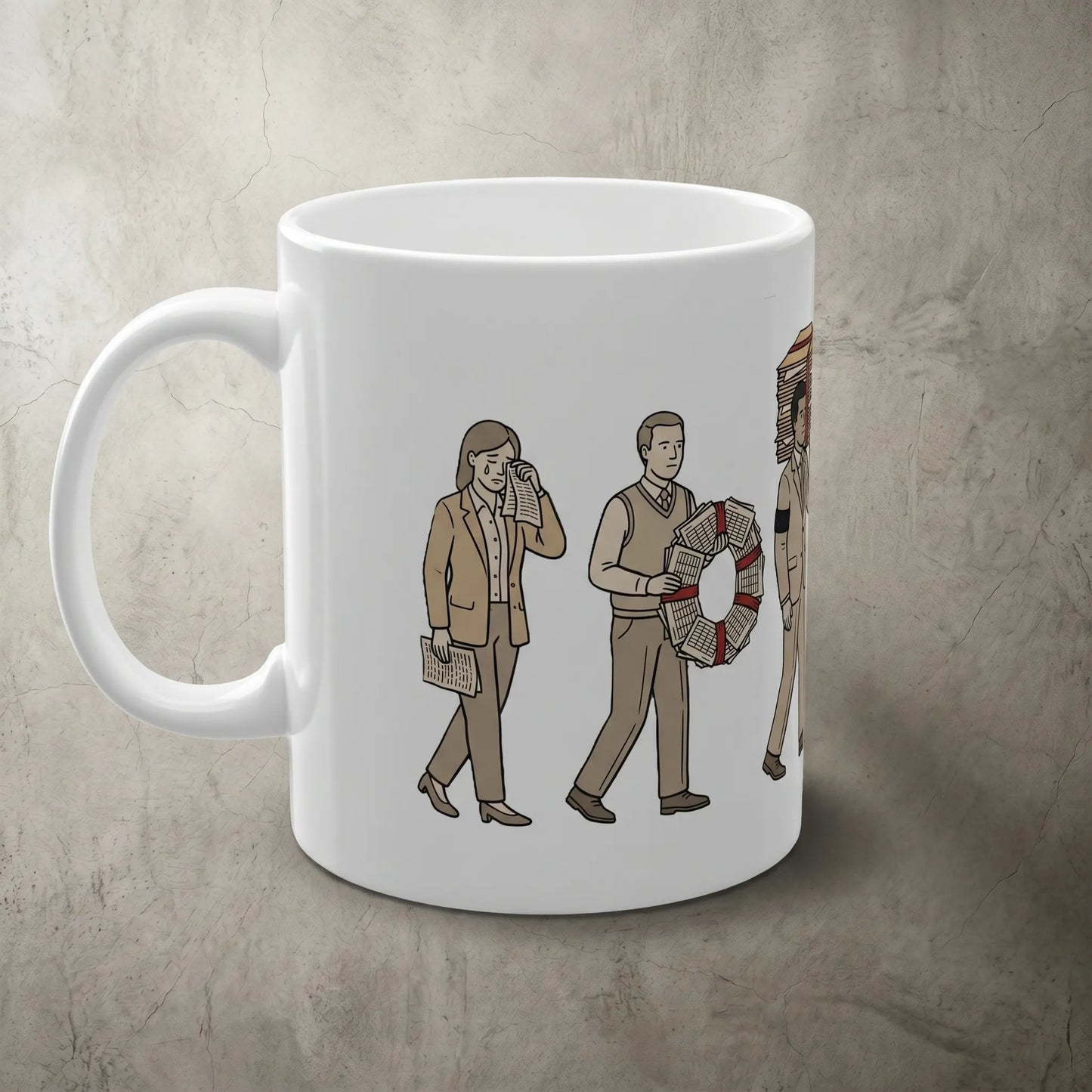 Side handle view of an 11oz glossy white ceramic corporate NPC meme mug featuring a meeting that could have been an email mug funeral scene, ideal as a secret santa gift for corporate humor and NPC coworker office jokes.