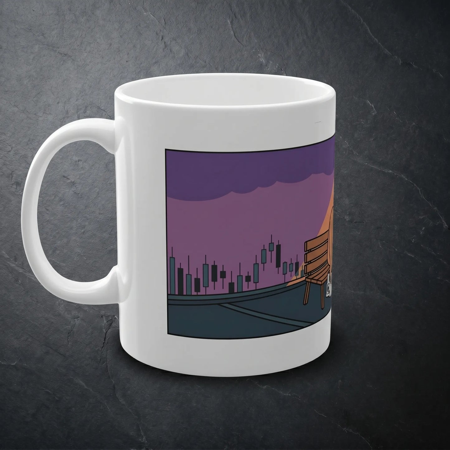 Side profile view showing the left handle of an 11oz white ceramic Wojak meme mug, a funny NGMI crypto winter gift for trader friends featuring a full-wrap dusk parking lot scene.