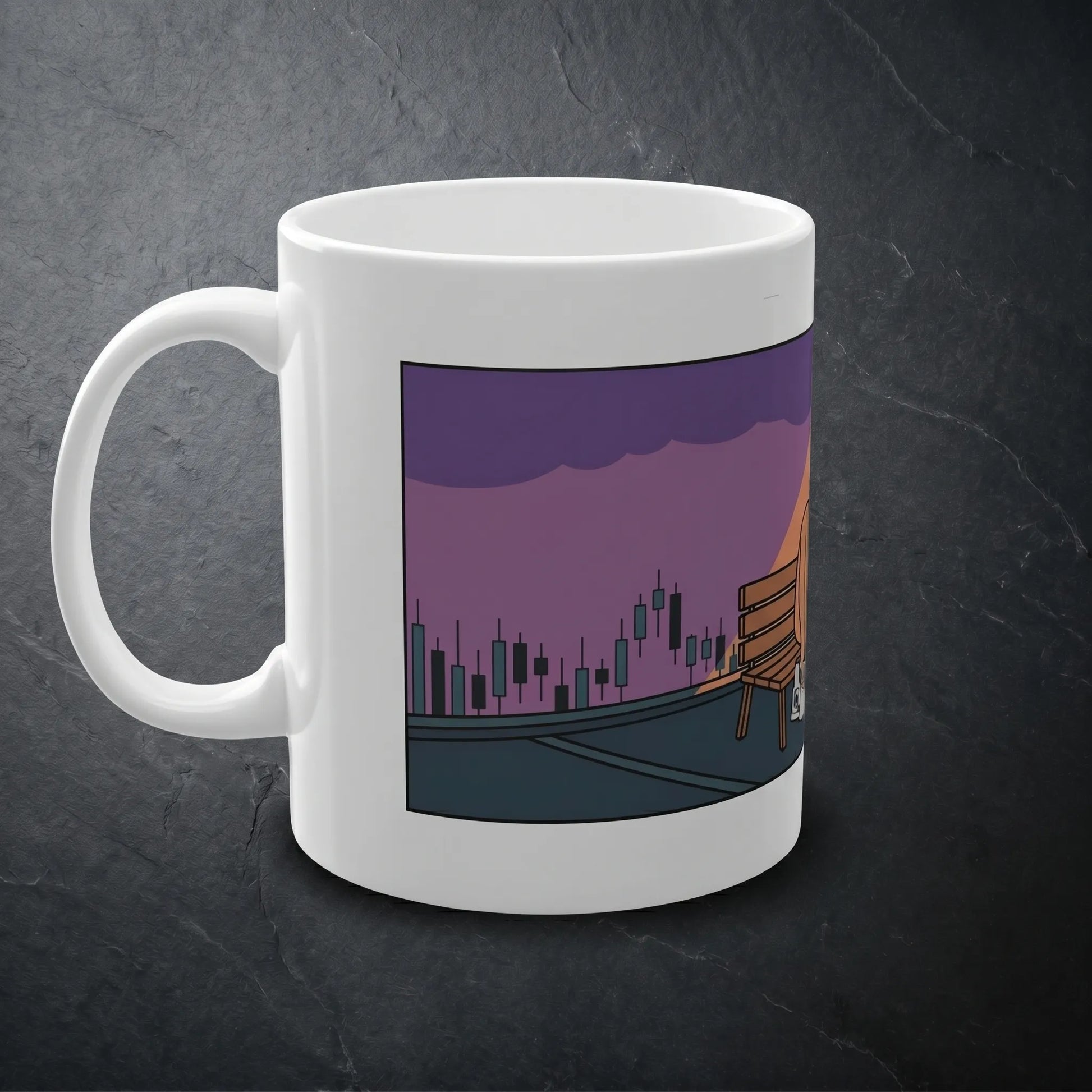 Side profile view showing the left handle of an 11oz white ceramic Wojak meme mug, a funny NGMI crypto winter gift for trader friends featuring a full-wrap dusk parking lot scene.