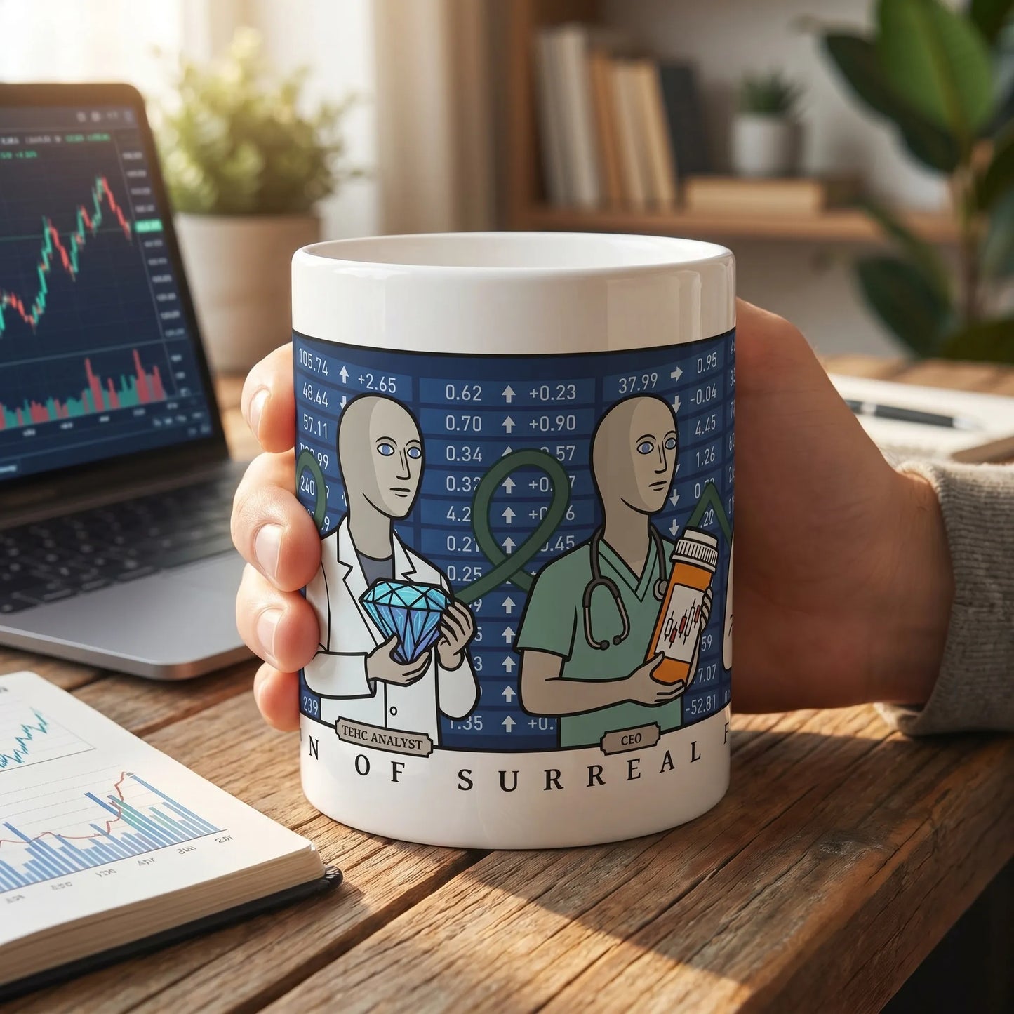 Lifestyle photo of a Not Stonks meme mug on an office desk, featuring the full wraparound continuous print design.