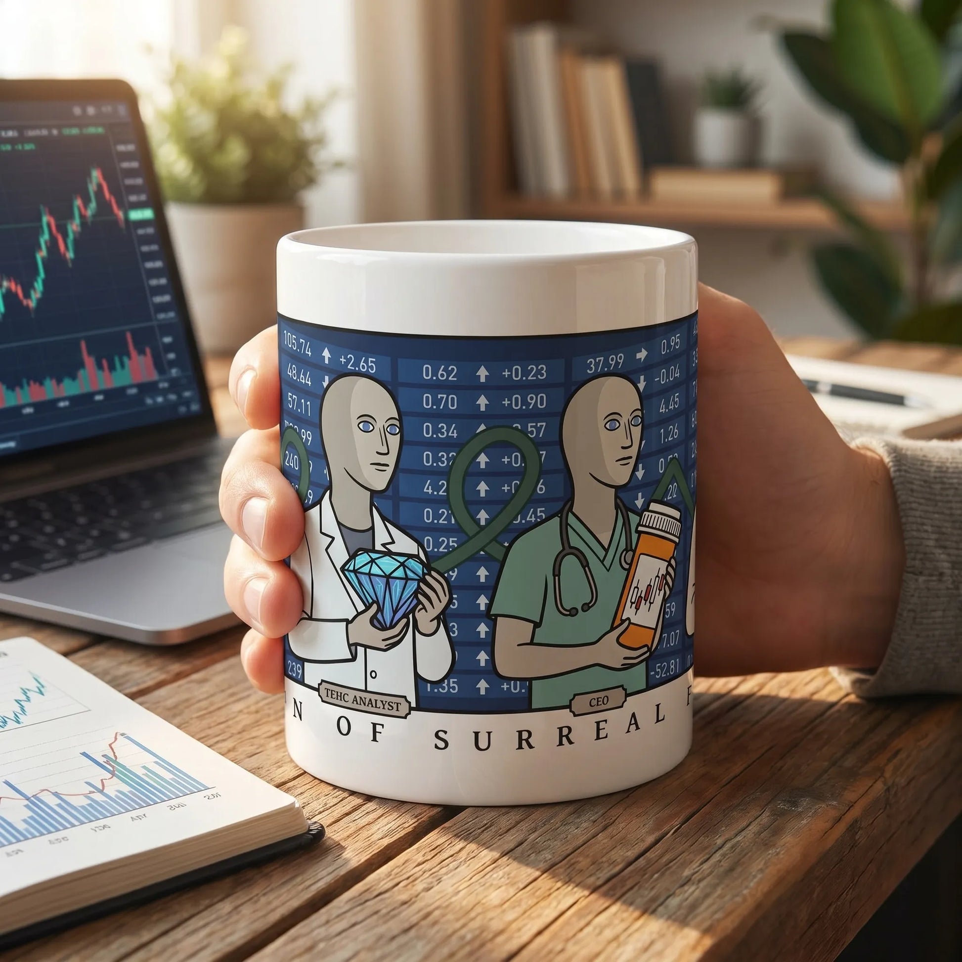 Lifestyle photo of a Not Stonks meme mug on an office desk, featuring the full wraparound continuous print design.
