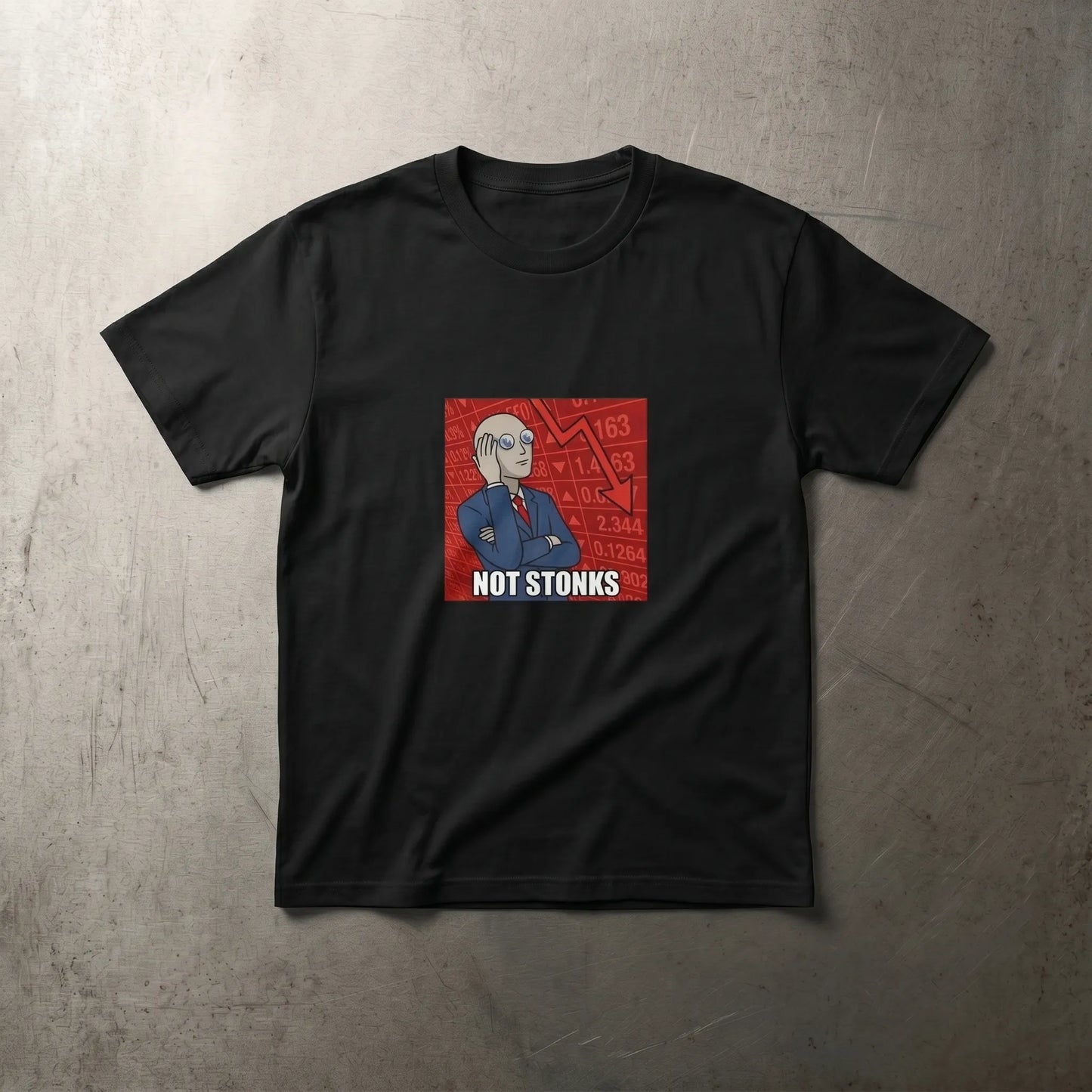 Main front view of the heavyweight cotton Not Stonks Tee featuring the red-candle Meme Man pose, a funny wallstreetbets bagholder gift for finance bros and crypto degens.