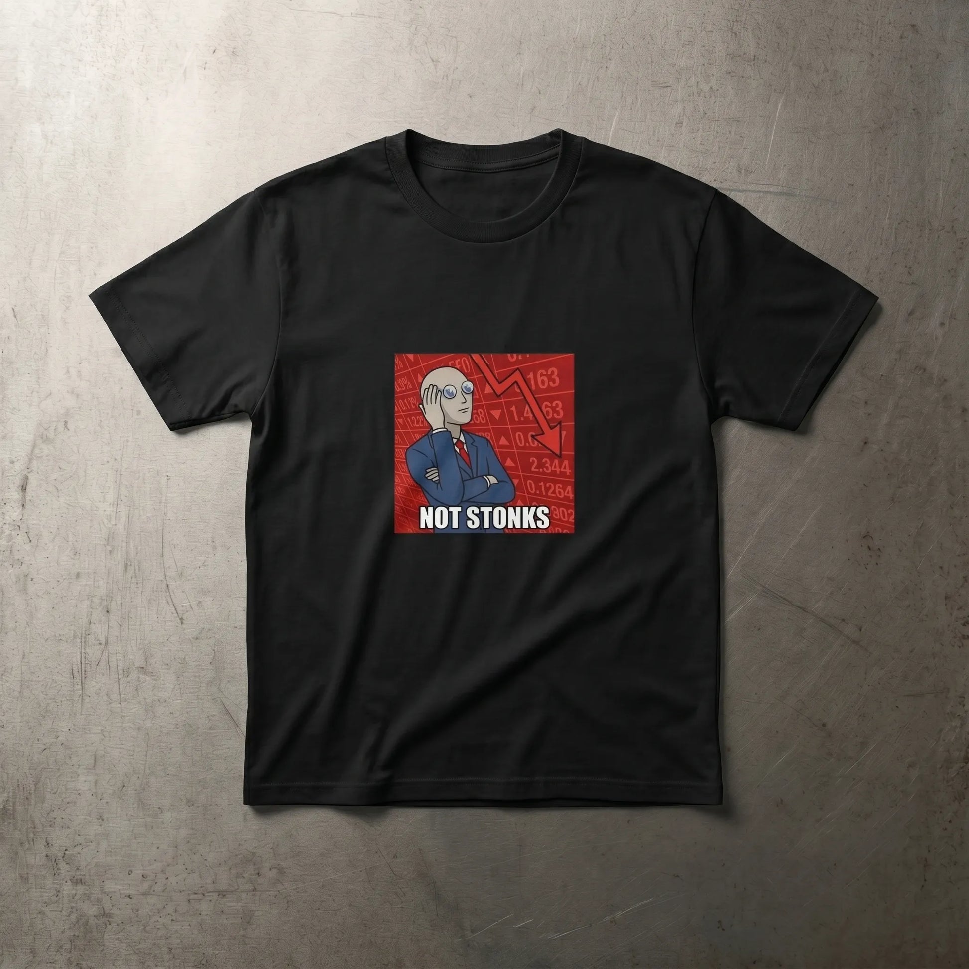 Main front view of the heavyweight cotton Not Stonks Tee featuring the red-candle Meme Man pose, a funny wallstreetbets bagholder gift for finance bros and crypto degens.