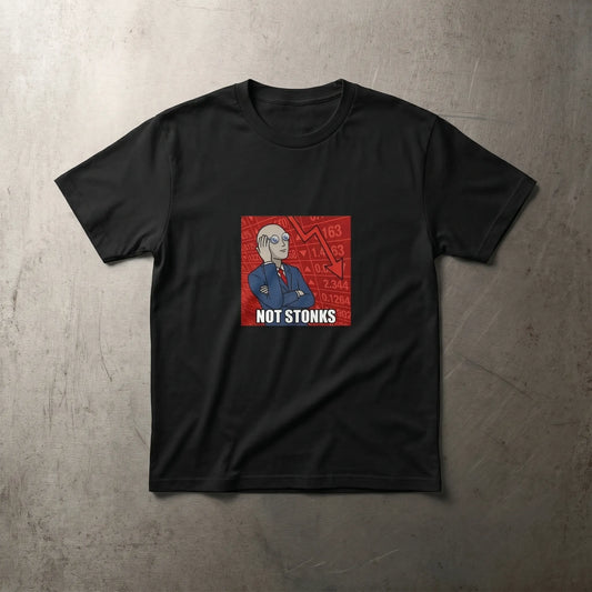 Main front view of the heavyweight cotton Not Stonks Tee featuring the red-candle Meme Man pose, a funny wallstreetbets bagholder gift for finance bros and crypto degens.