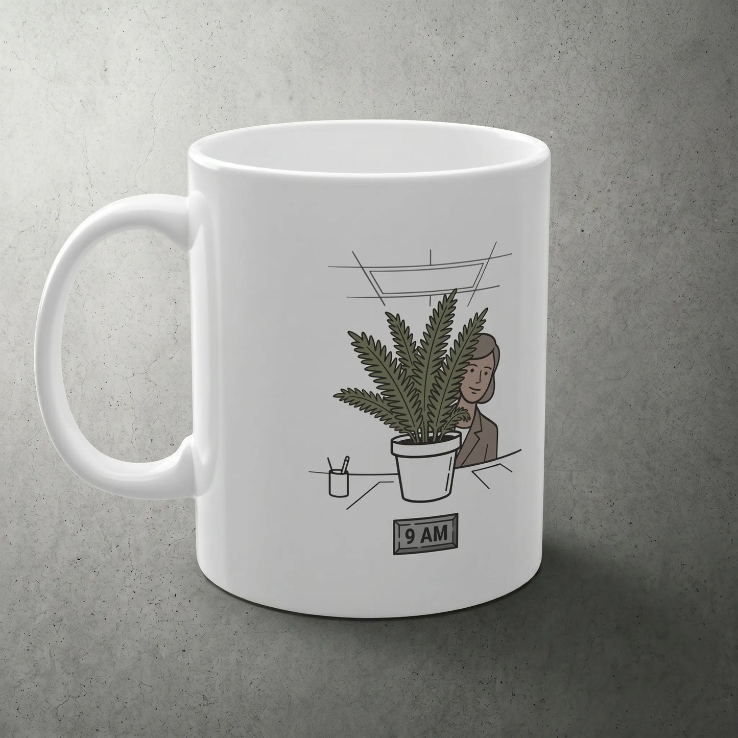 Right side view of the Office Air Theory funny gift mug featuring the 1 PM wilted plant panel, a perfect hybrid work meme and RTO humor gift for corporate girls.