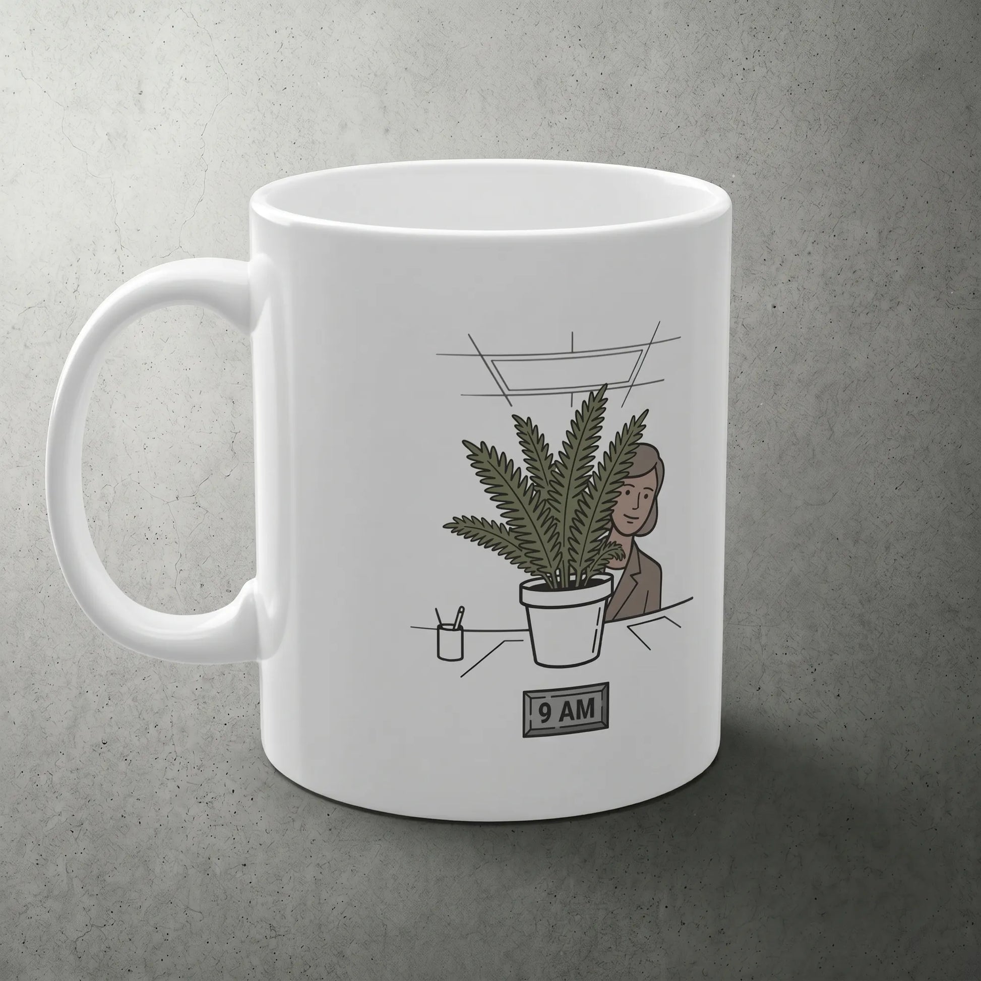 Right side view of the Office Air Theory funny gift mug featuring the 1 PM wilted plant panel, a perfect hybrid work meme and RTO humor gift for corporate girls.