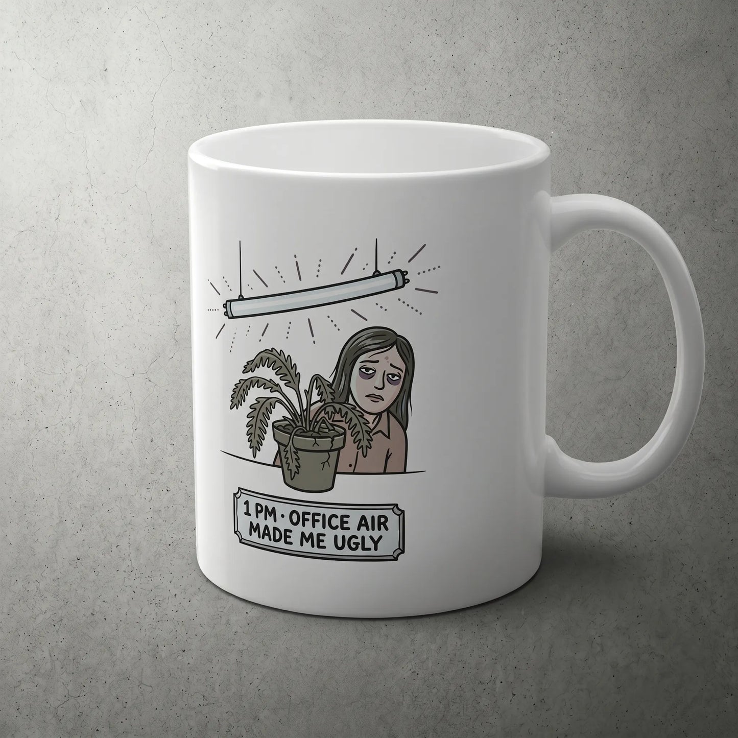 Main left side view of the Office Air Theory Mug featuring the 9 AM healthy fern vs 1 PM wilted plant meme, a funny corporate glow down gift for those blaming the fluorescents.