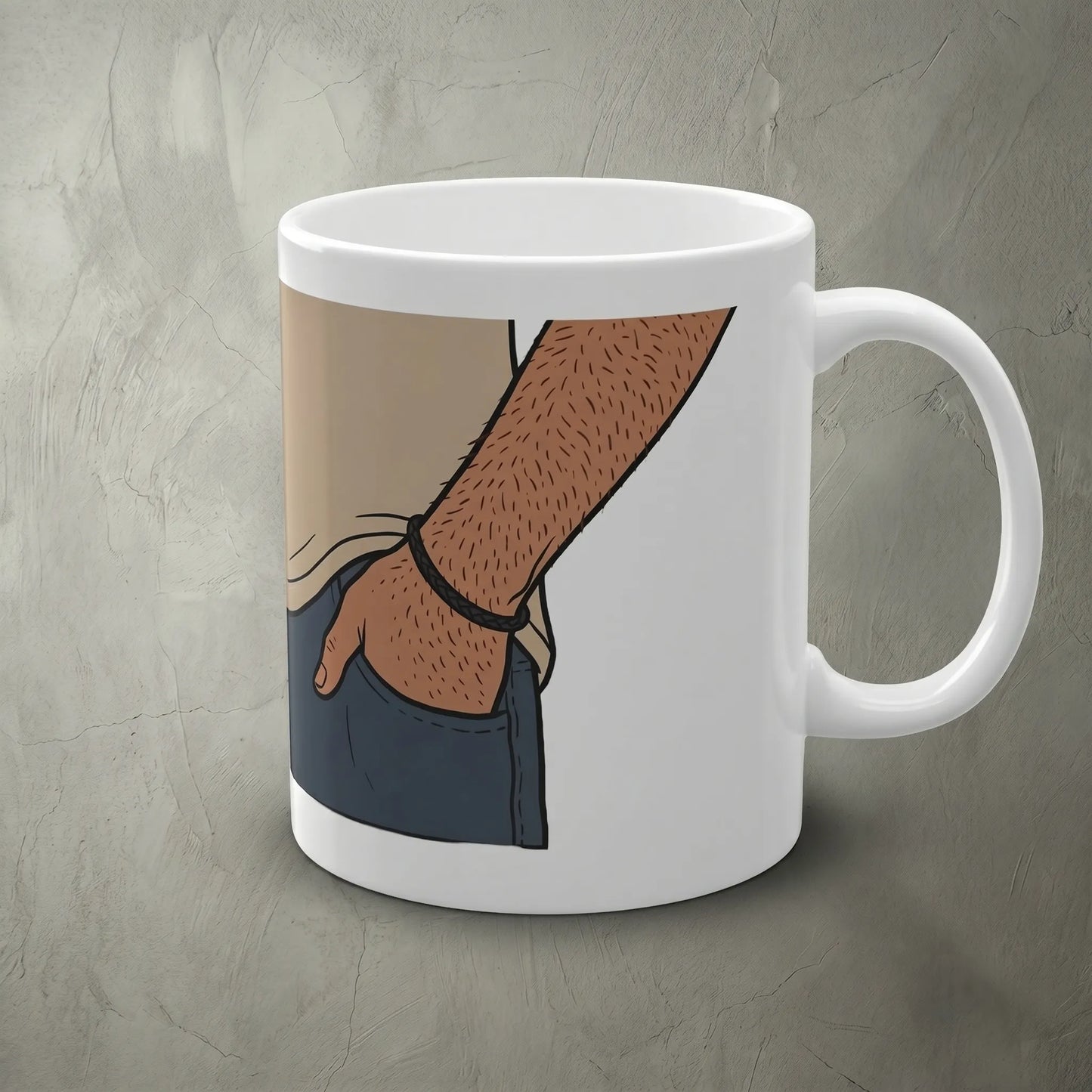 Right side C-handle view of the funny wraparound Skinny Hairy Neck Illusion Mug, showing a weirdcore creature with a braided-leather necklace as an optical illusion meme gift for friend.