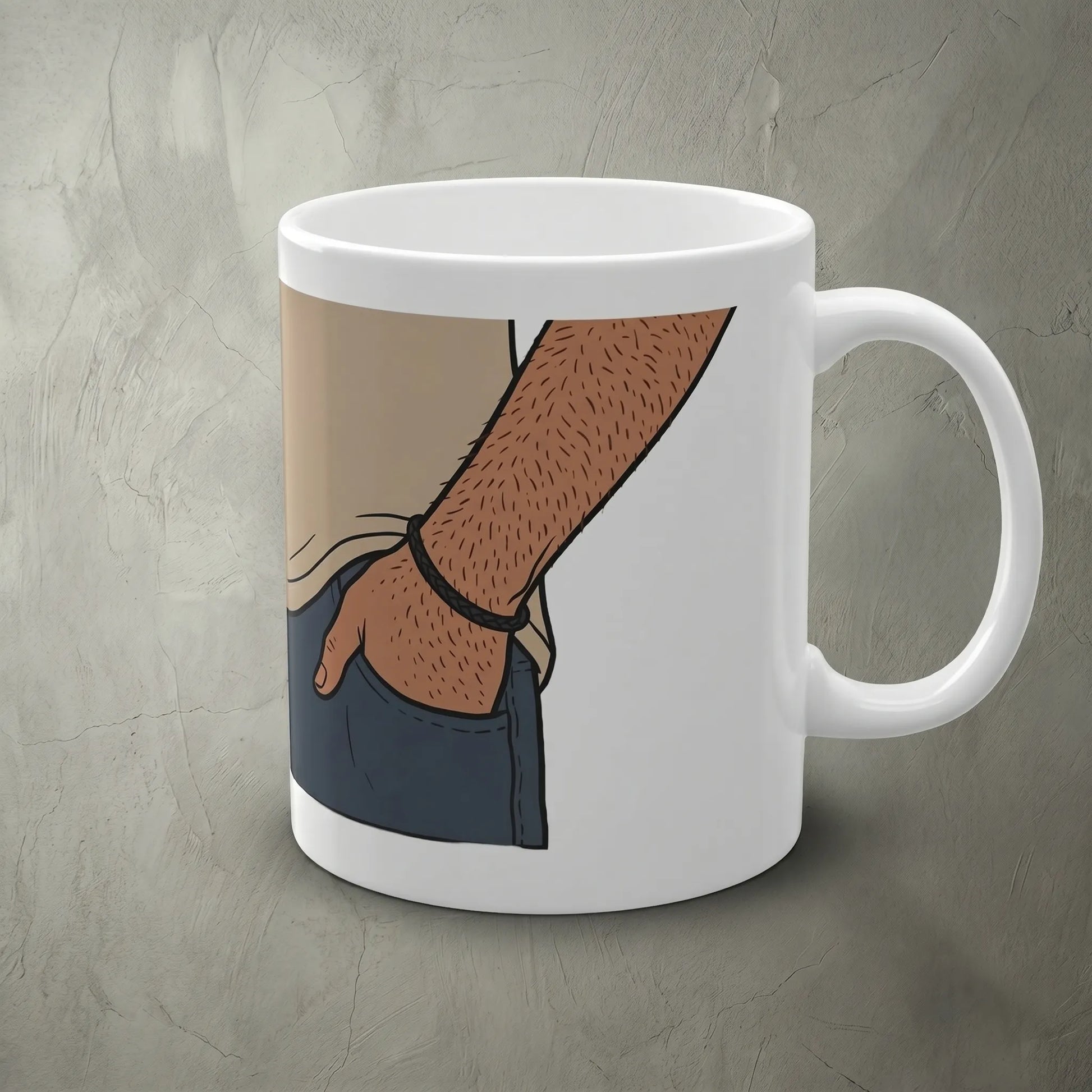 Right side C-handle view of the funny wraparound Skinny Hairy Neck Illusion Mug, showing a weirdcore creature with a braided-leather necklace as an optical illusion meme gift for friend.