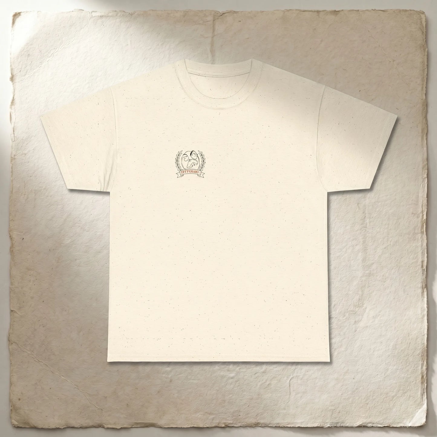 Front view of the Rage Guy Crest Tee, a funny heraldic rage comic meme gift for old internet millennials featuring a small left-chest FFFFUUUU face with laurel framing.