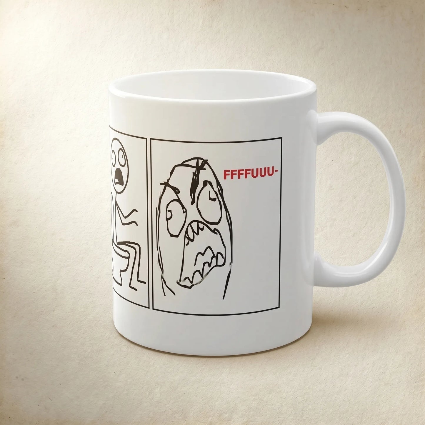 Side handle right view of a Rage Guy (FFFFUUUU) full-wrap mug featuring the old internet meme origin gag on a microwave and dishwasher safe classic C-handle cup.