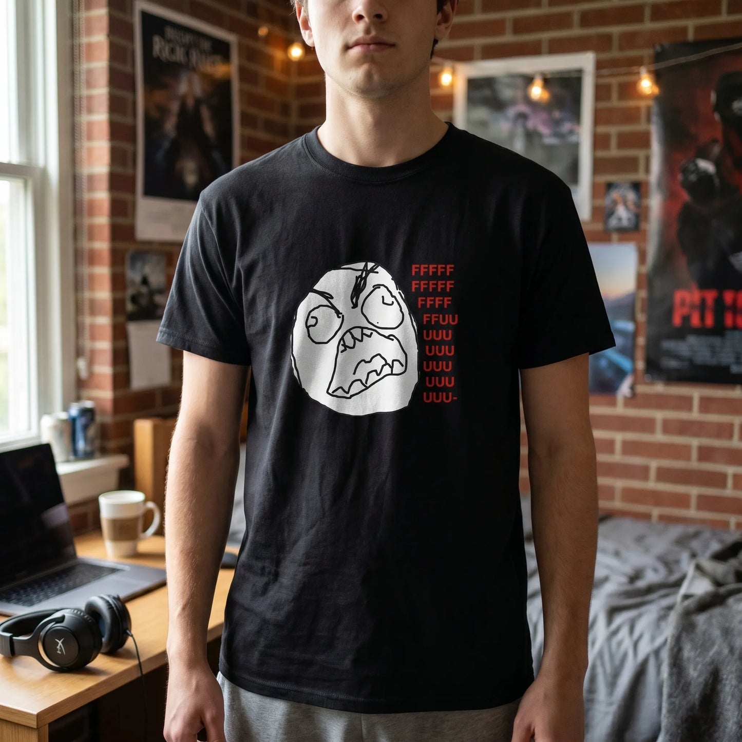 A lifestyle shot of a person wearing the Rage Guy meme tee featuring the FFFUUU rage face meme, a perfect old internet nostalgia gift for fans of anonymous 2008 4chan reactions.