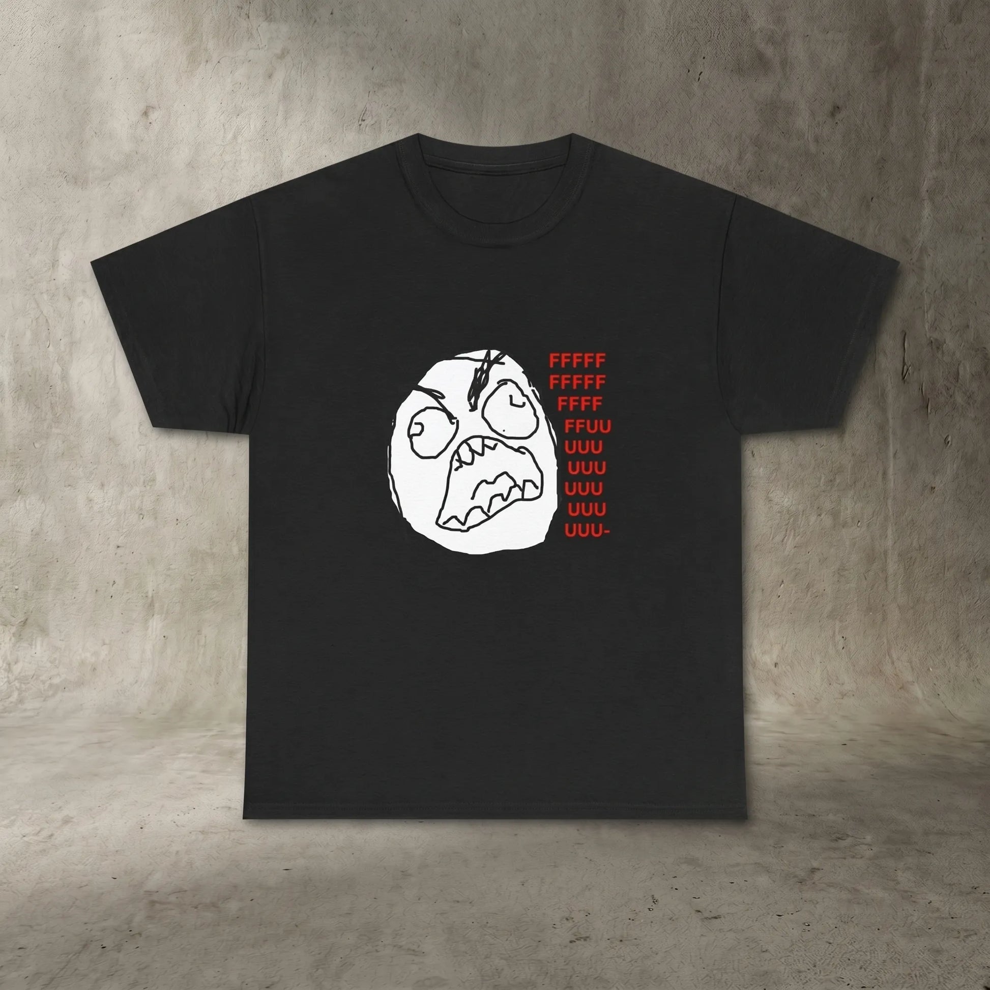 Front view of the Rage Guy Tee featuring the original MS Paint FFFFUUUU rage comic meme face, a classic gift for old internet nostalgia fans.