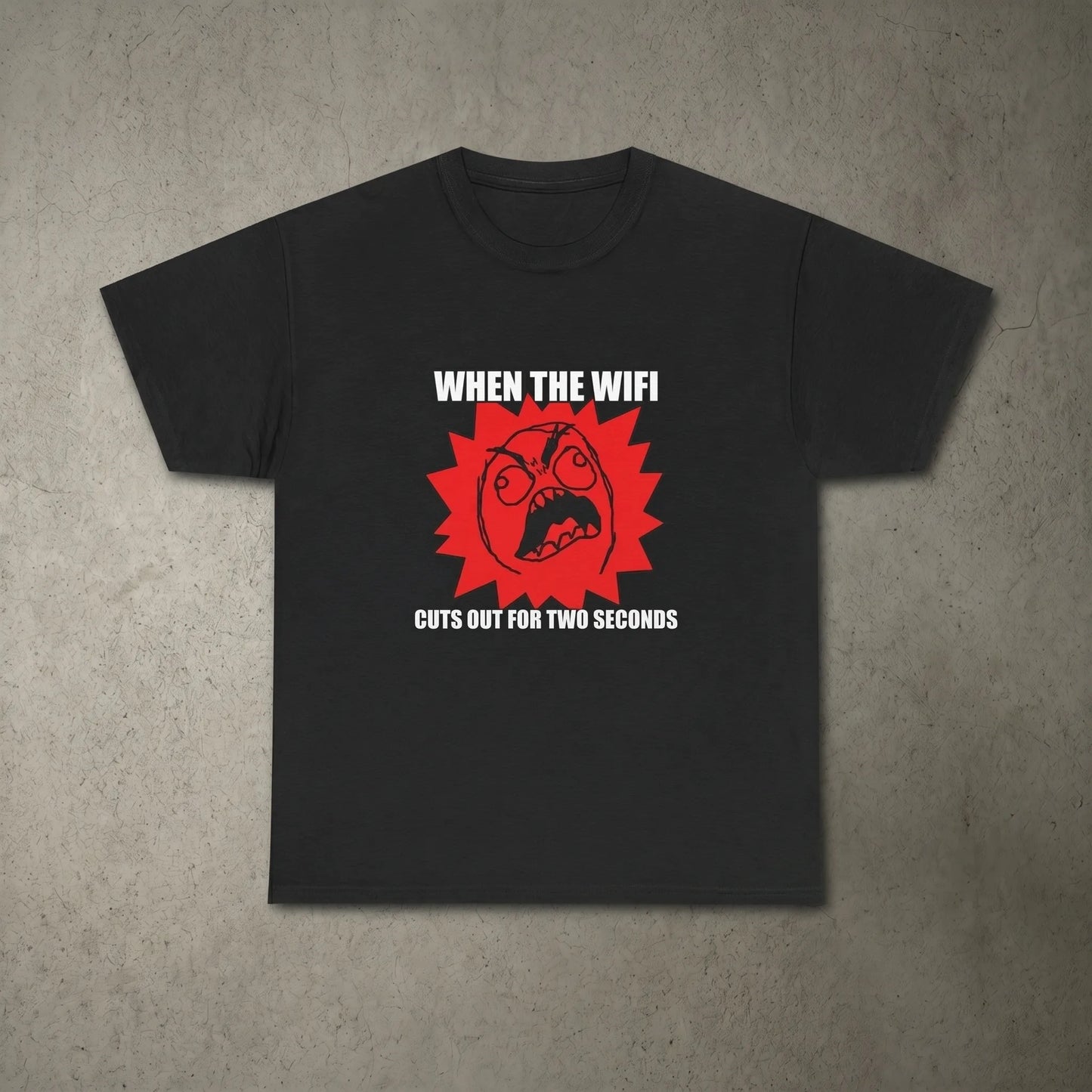 Main front view of the Rage Guy Tee featuring the original FFFUUU rage face screaming over a red flame burst with a funny MFW the wifi cuts out caption in white Impact font.