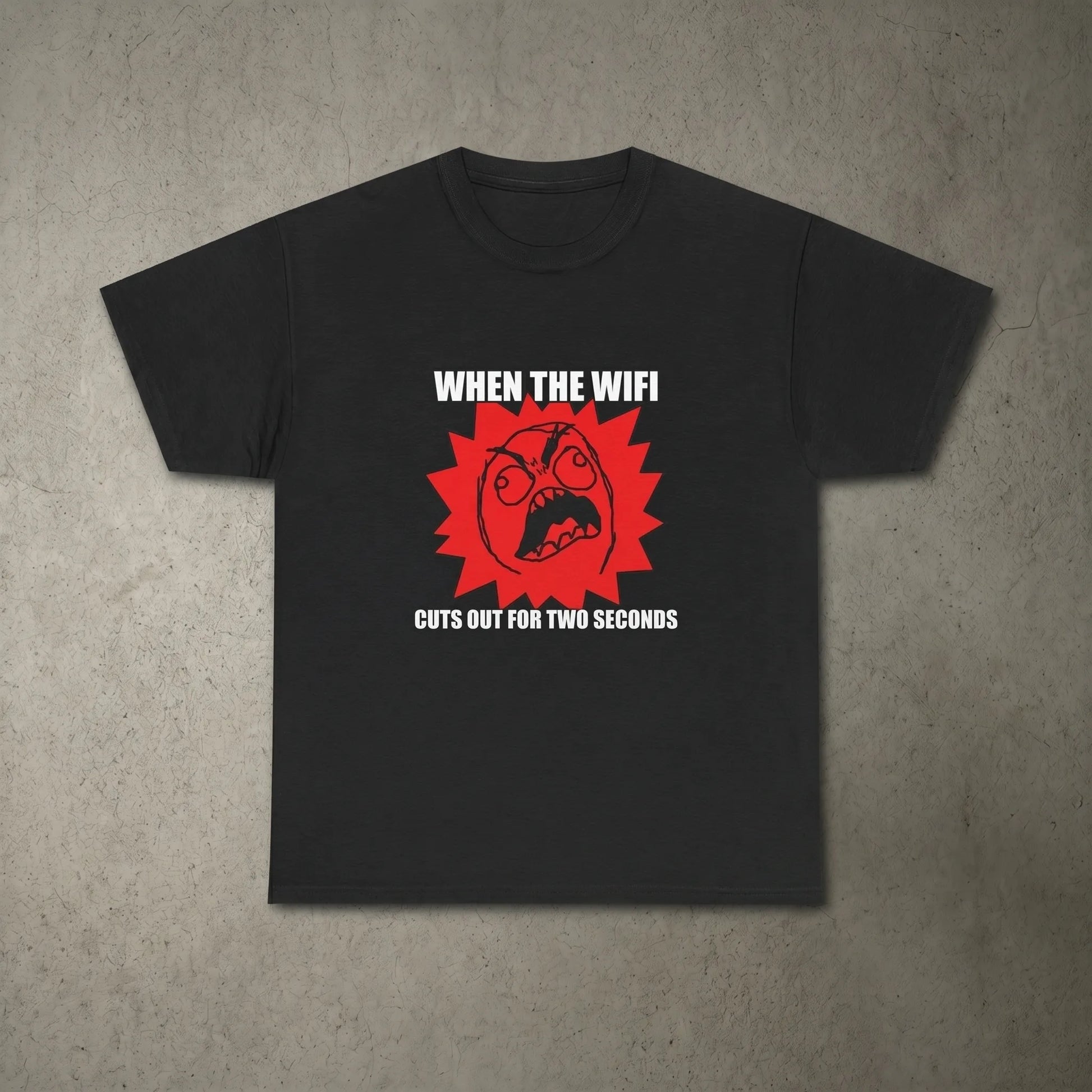 Main front view of the Rage Guy Tee featuring the original FFFUUU rage face screaming over a red flame burst with a funny MFW the wifi cuts out caption in white Impact font.