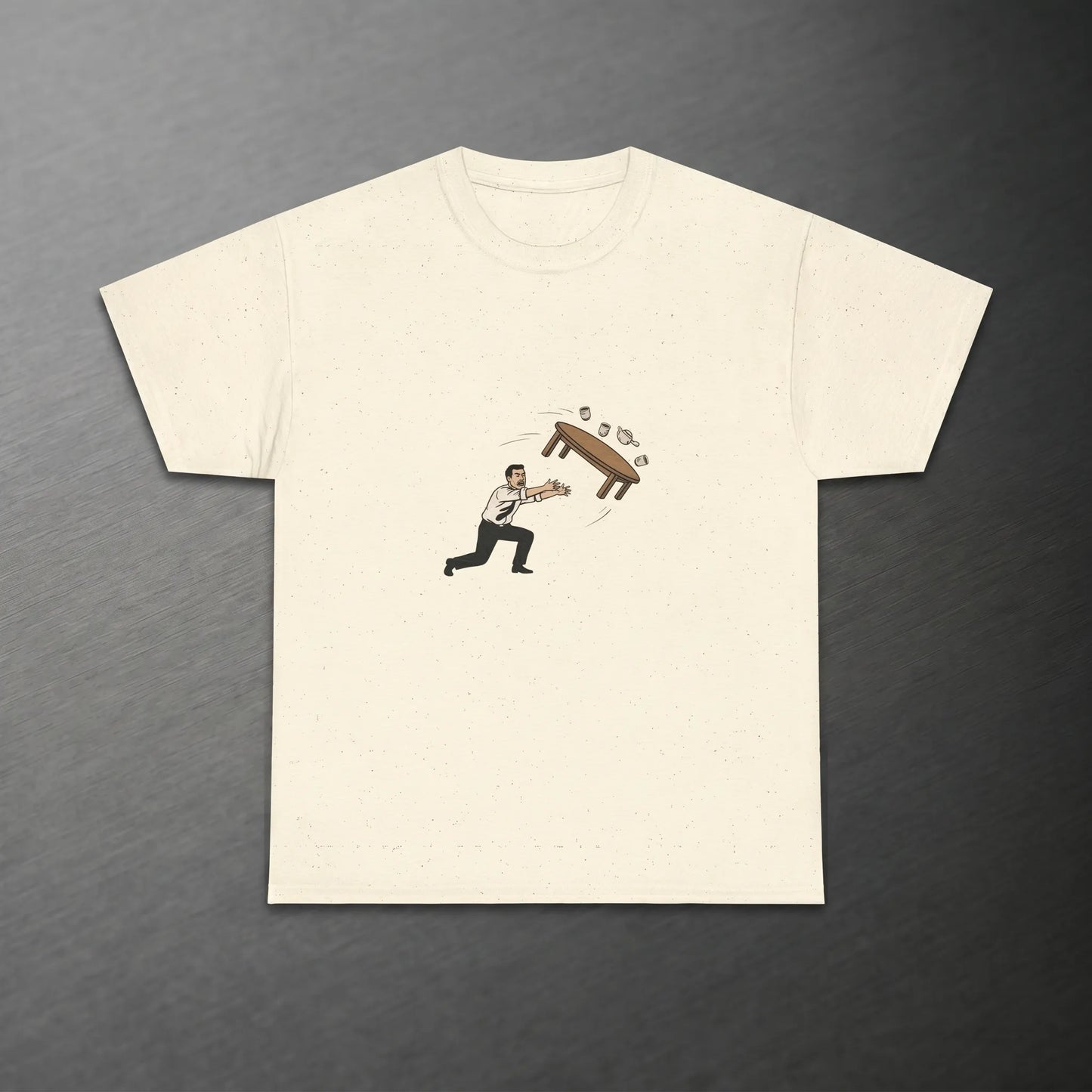 Illustrated Reddit table flip meme ritual graphic on a unisex 6.1oz heavy cotton tee for when a deploy goes sideways.