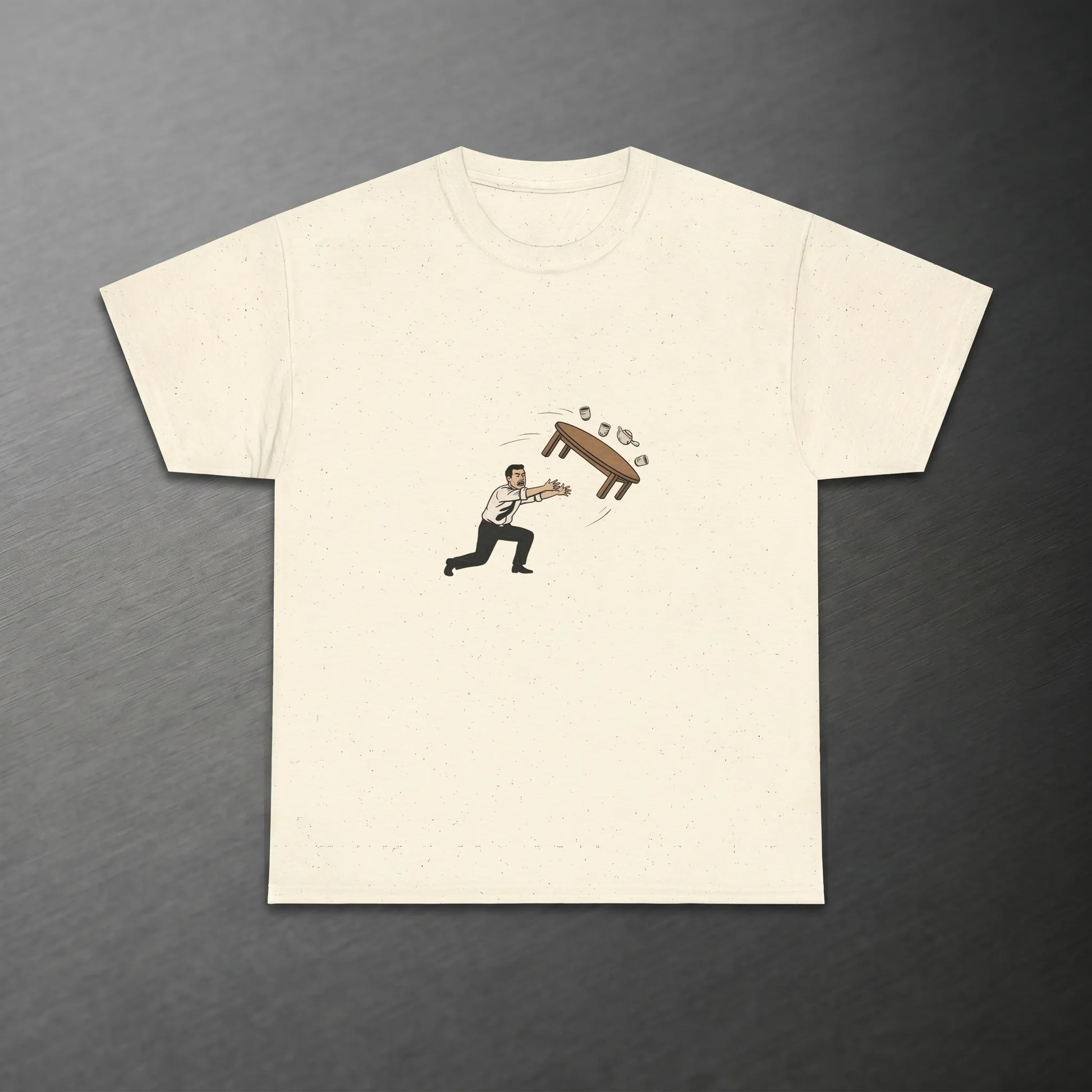 Illustrated Reddit table flip meme ritual graphic on a unisex 6.1oz heavy cotton tee for when a deploy goes sideways.
