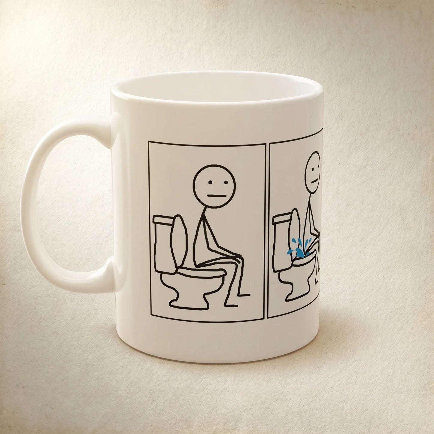 Side handle left view of a white ceramic mug featuring the MS Paint screaming face and FFFUUU rage face design, a funny rage comic gift for friend from the golden age of memes.