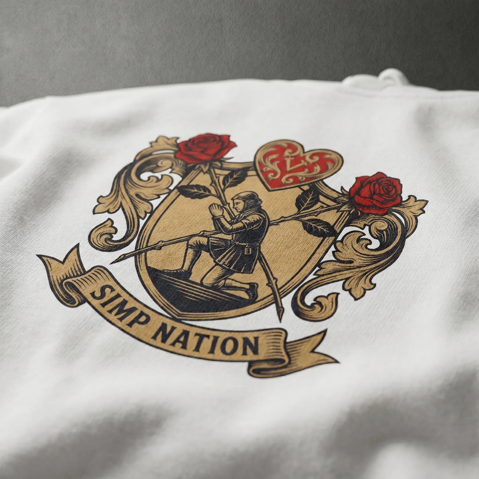 Close-up of the 8.5 oz cotton-blend fleece and soft-hand DTG print on the Simp Nation Hoodie, highlighting the durable graphic apparel construction.
