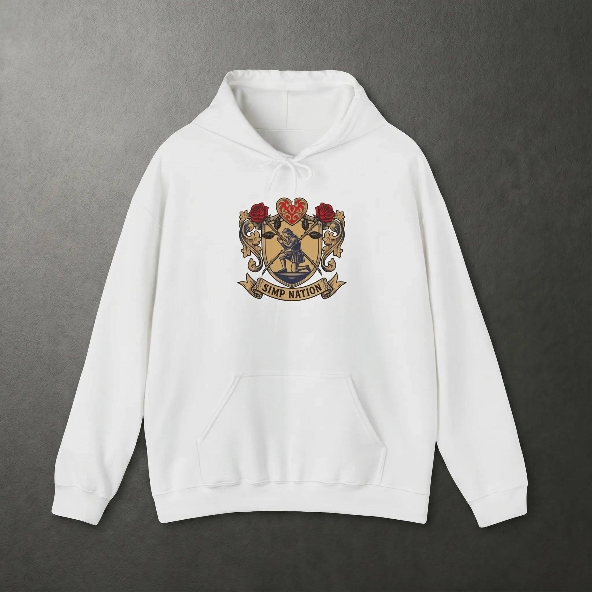 Front view of the Simp Nation Hoodie featuring a custom heraldic crest with a kneeling devotee and crossed roses, an ironic meme apparel gift for Gen Z sarcastic humor and streamer fans.