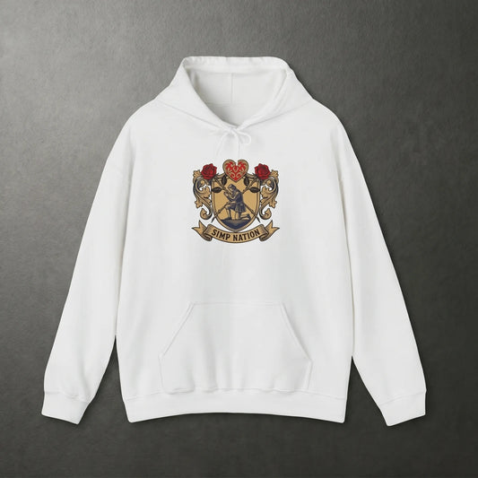Front view of the Simp Nation Hoodie featuring a custom heraldic crest with a kneeling devotee and crossed roses, an ironic meme apparel gift for Gen Z sarcastic humor and streamer fans.