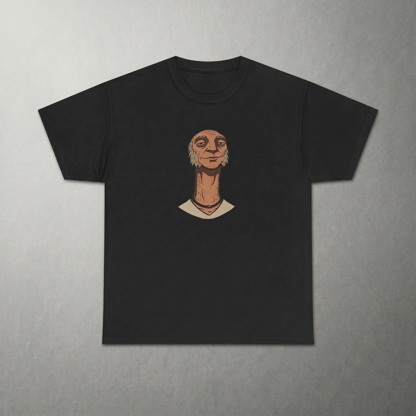 Front view of the Skinny Hairy Neck Illusion Tee, a funny hand in pocket optical illusion meme shirt featuring a weirdcore cryptid creature illustration with a stippled hairy neck and braided-leather necklace for chronically online fans.