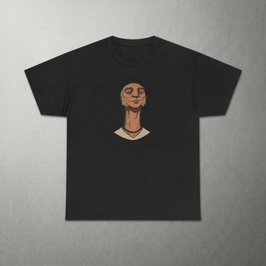 Front view of the Skinny Hairy Neck Illusion Tee, a funny hand in pocket optical illusion meme shirt featuring a weirdcore cryptid creature illustration with a stippled hairy neck and braided-leather necklace for chronically online fans.