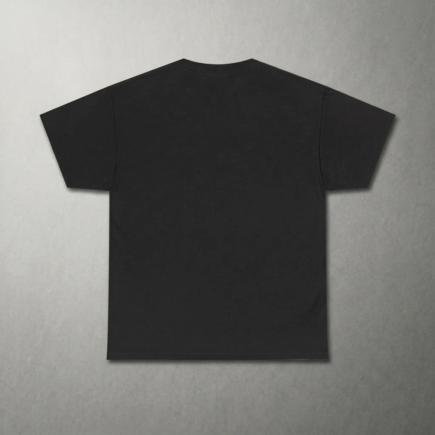 Back view of the skinny hairy neck optical illusion shirt featuring a weirdcore creature illustration with a stippled hairy neck and a braided-leather necklace.