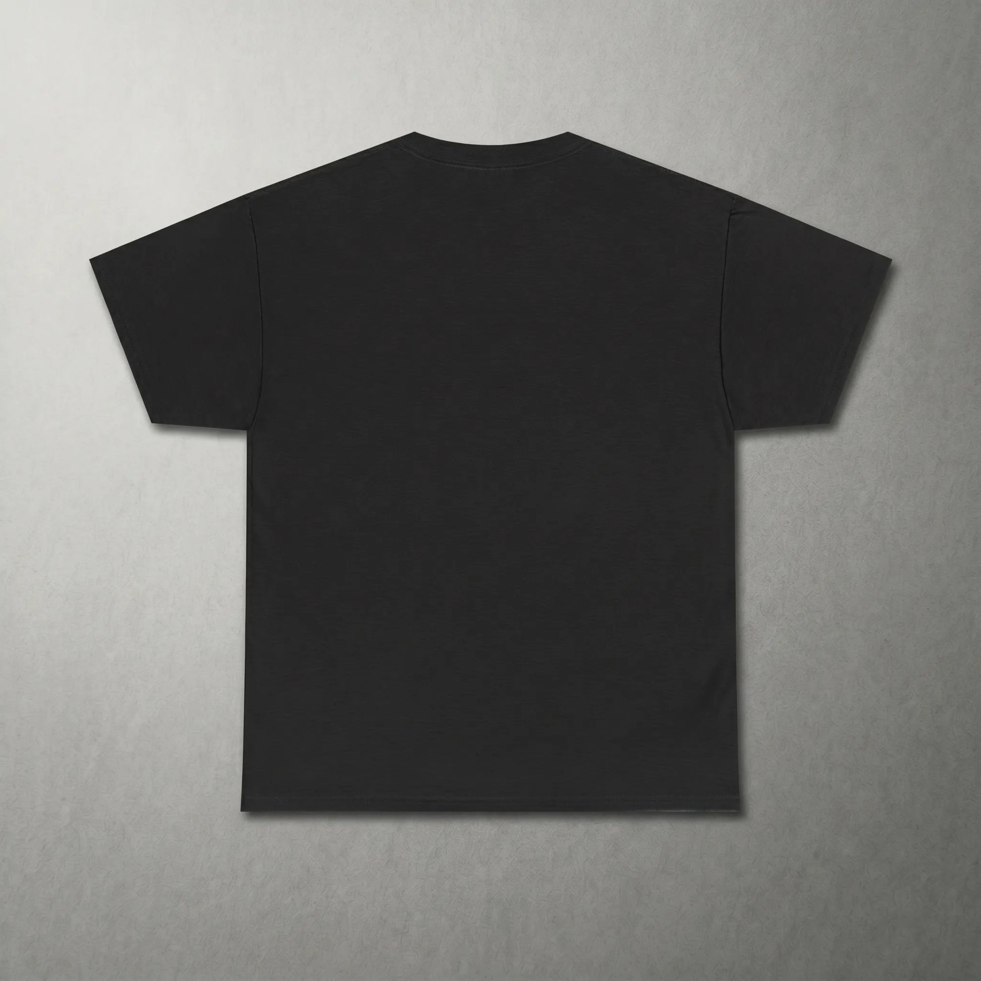 Back view of the skinny hairy neck optical illusion shirt featuring a weirdcore creature illustration with a stippled hairy neck and a braided-leather necklace.